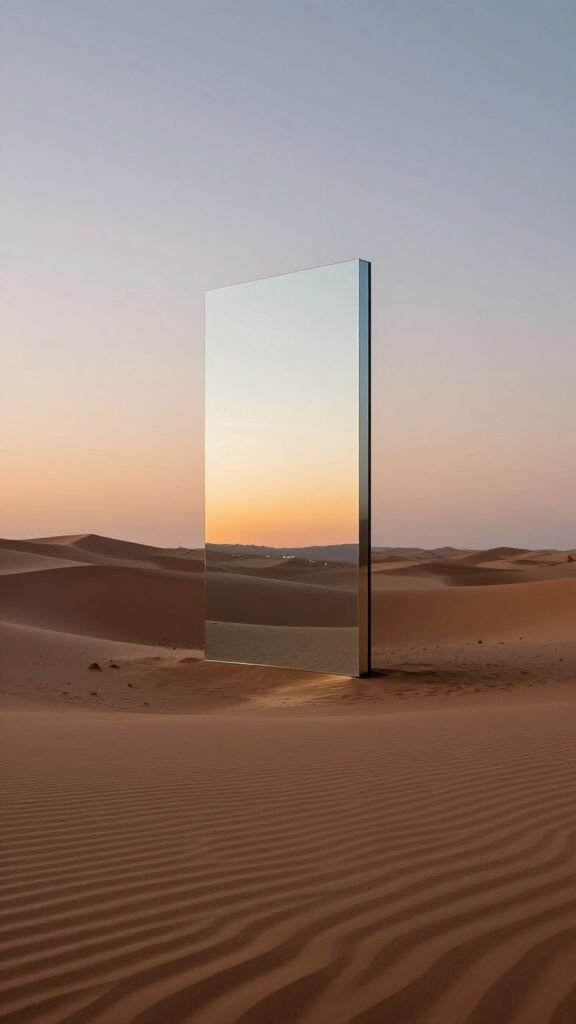 A tall mirror standing in the middle of a desert with sand dunes, reflecting the sunset sky.