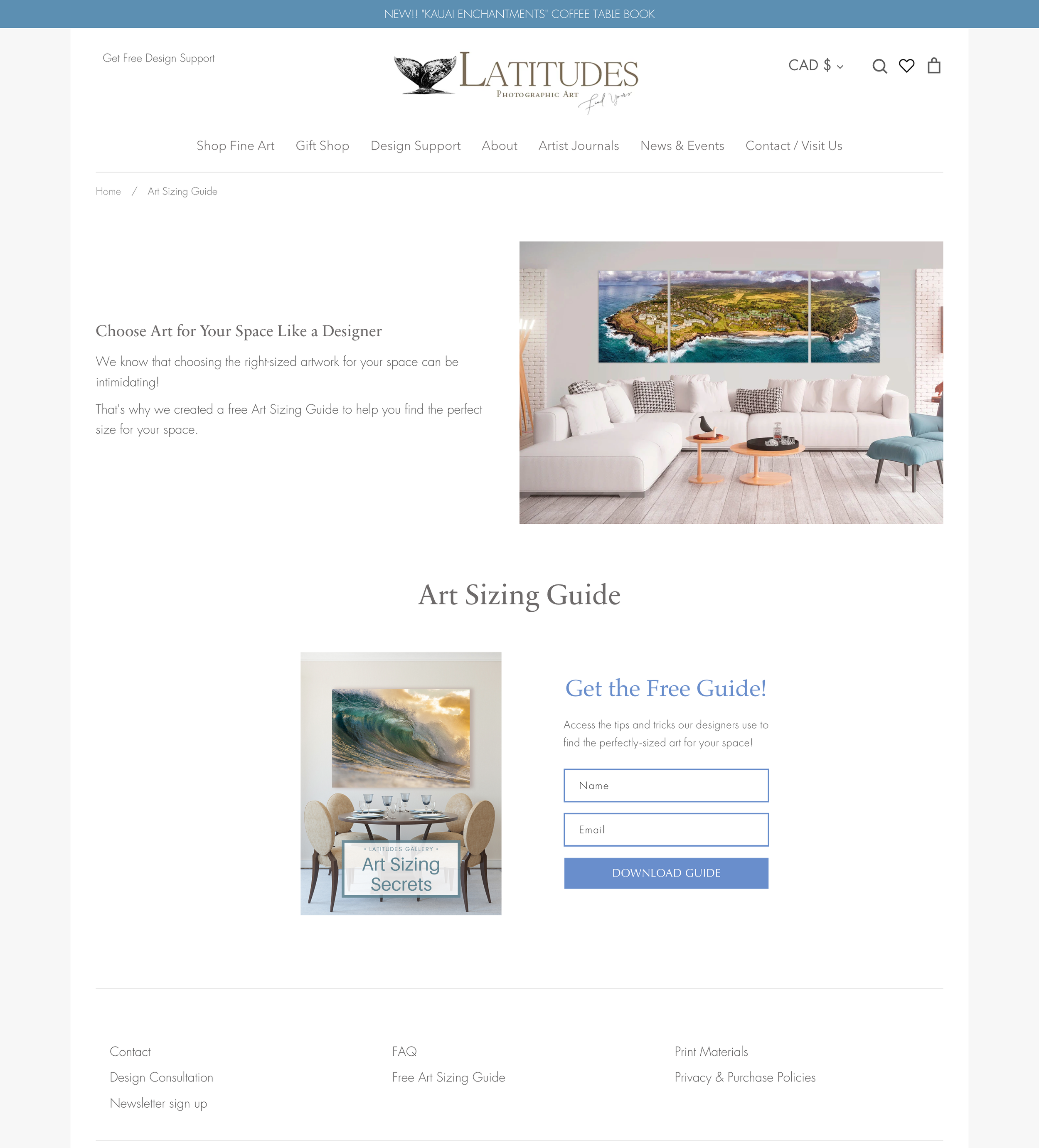 A webpage for Latitudes Photographic Art featuring an art sizing guide. The page includes a header with navigation links, a large image of a modern living room with a panoramic coastal artwork, and a section promoting a free art sizing guide with an ocean wave image. There are also sign-up fields for a guide download.