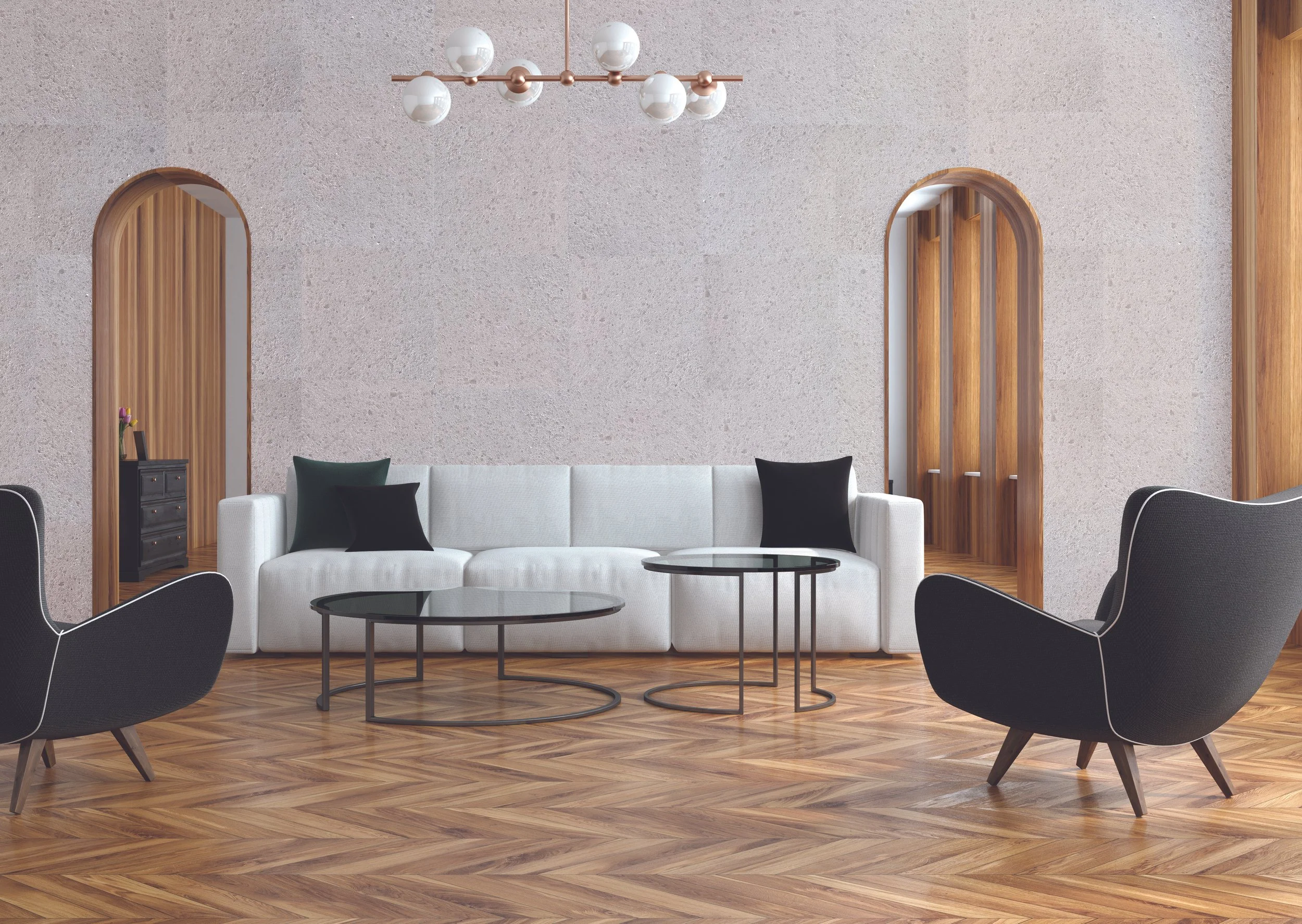 Modern living room with white sofa, black chairs, and glass coffee tables on hardwood floor, featuring arched doorways and contemporary lighting.