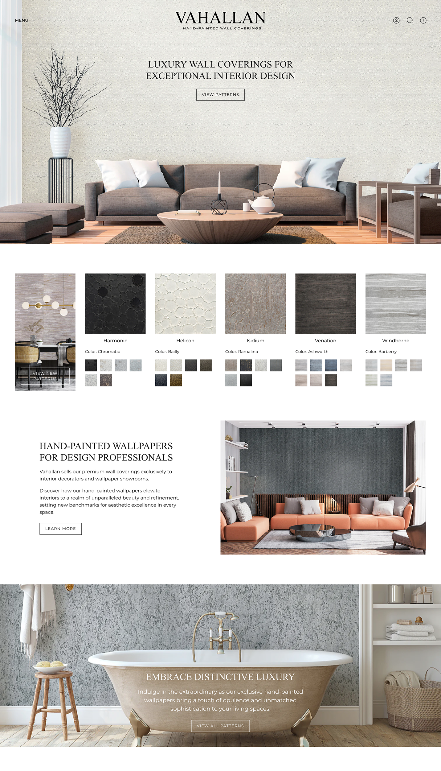 Website design showcasing luxury wall coverings. Features a header with a living room scene and text promoting hand-painted wallpapers for interior design. Includes samples of different wallpaper patterns and a bathroom scene highlighting the elegance of the products.