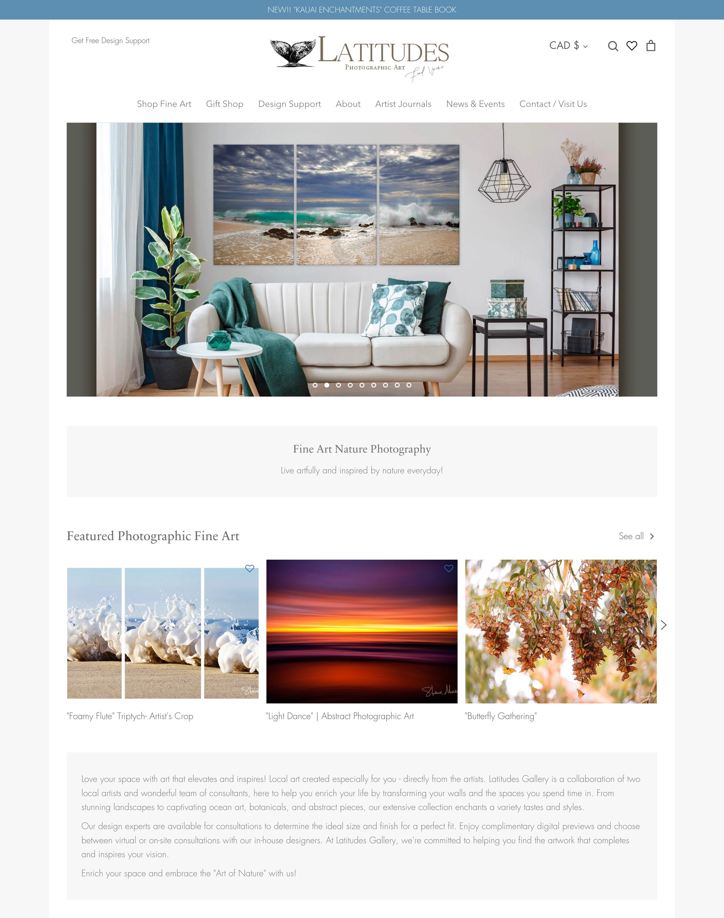 Screenshot of Laitudes Photography Art website featuring a living room with ocean-themed artwork, a sofa, and decorative plants, along with a section displaying three photographic art pieces of ocean waves, a sunset, and autumn leaves.