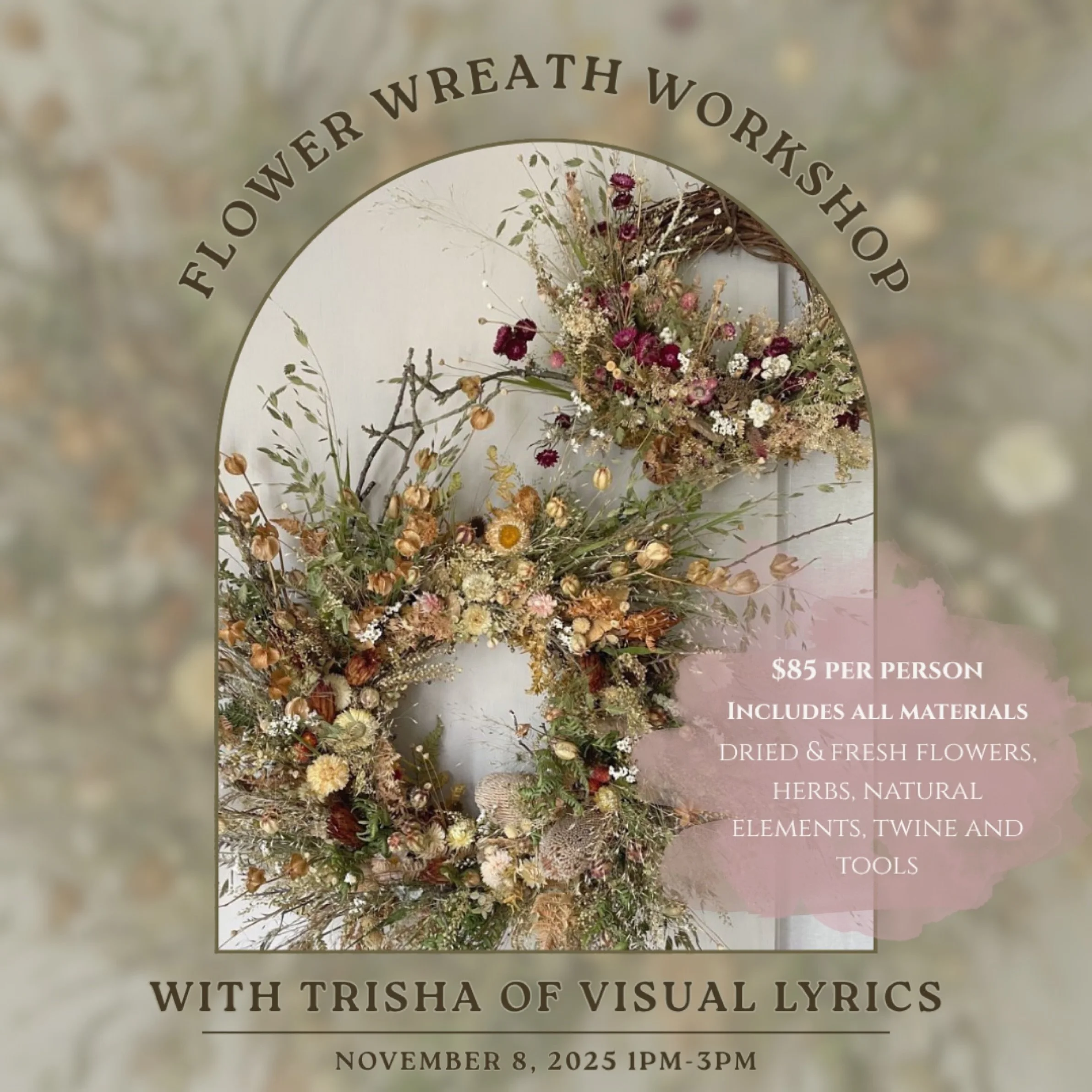 💐Flower Wreath Workshop💐

Enjoy a beautiful afternoon making flower wreaths guided by the amazing florist @visuallyrics.floral 
We&rsquo;ll be serving complimentary tea during the event.

Location: KindFolk Apothecary 
Date: November 8th, Saturday
