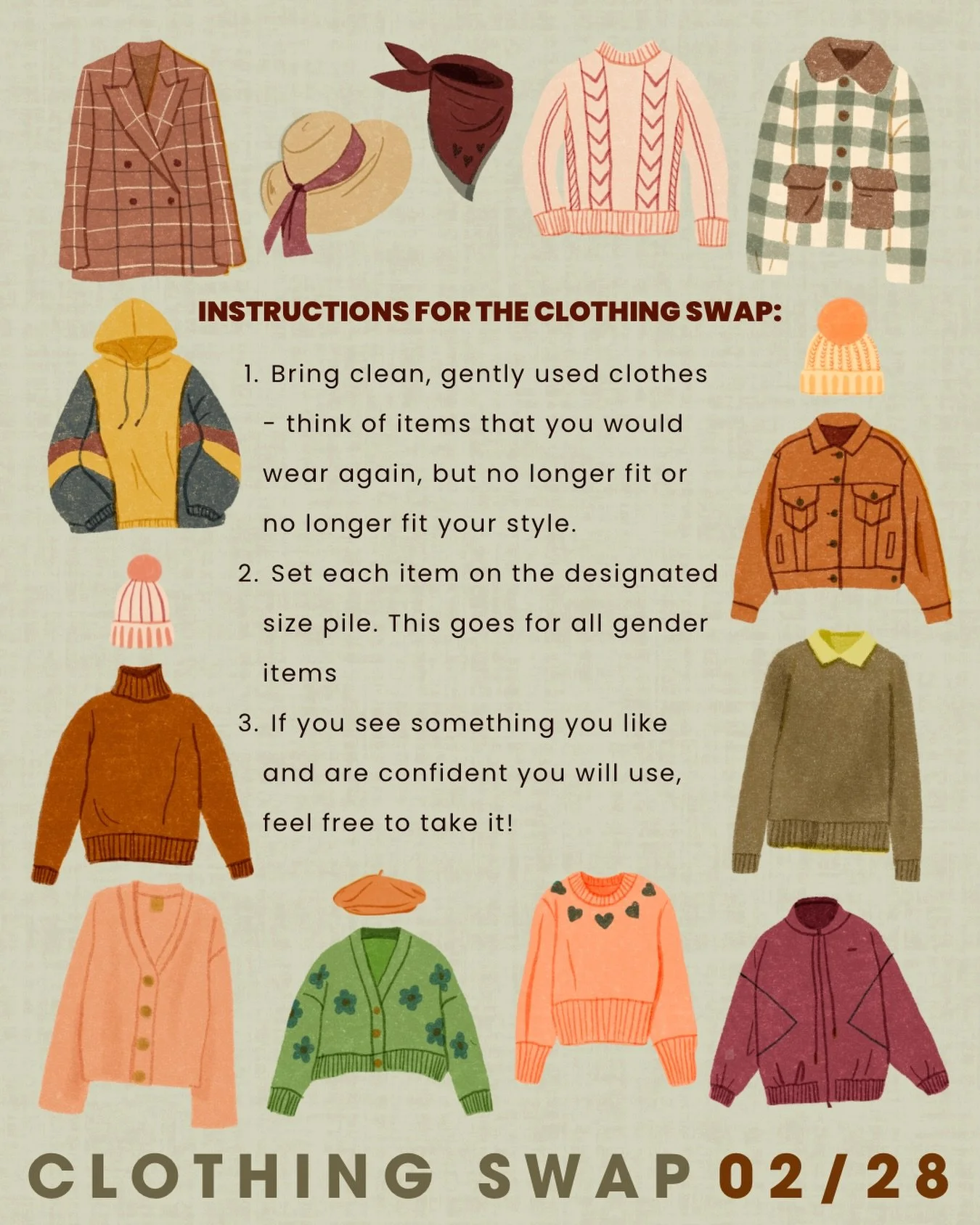 Our Clothing Swap is around the corner! 

Here are some friendly reminders and guidelines to help make your experience run smoothly!

Excited to serve you all some tea and support the circular fashion movement!
