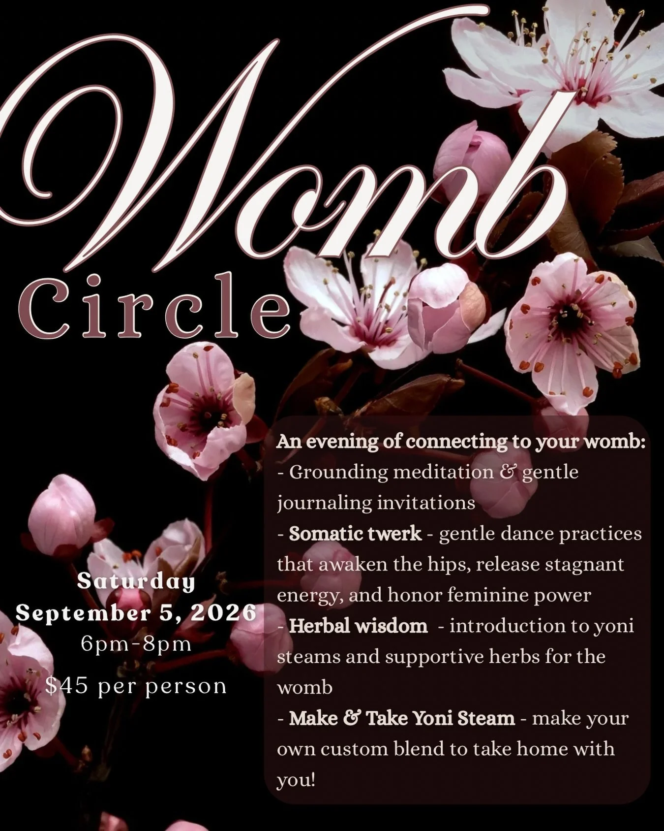 Womb Circle is back!

These gatherings are intended for you to deepen your connection with yourself and your divine feminine power.

Ladi Earth of @twerkandheal is a womb practitioner from the Haitian lineage and has over 10 years of experience as a 