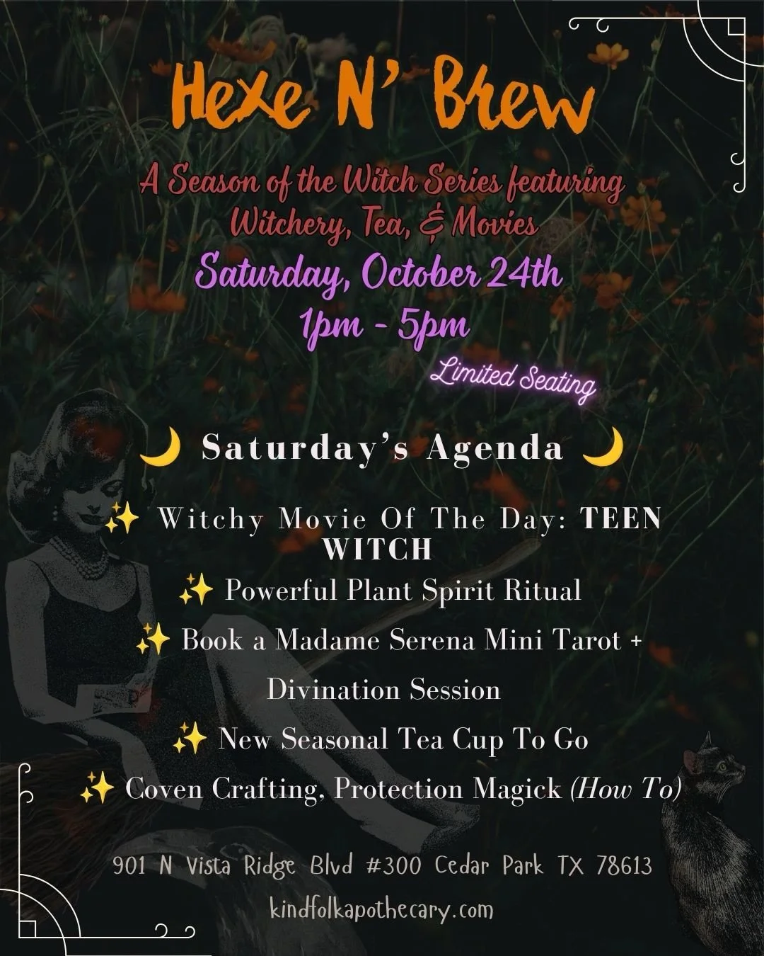 ✨️Join our Coven&rsquo;s Halloween Drop In, Astrology, Tarot, Pl&aacute;ticas, Sessions, Brews, Treats, Potion Making, Magicks and Community 

📍At Kindfolk Apothecary 
901 N Vista Ridge Blvd #300 Cedar Park TX 78613

🌙Hexe N&rsquo; Brew A Season of