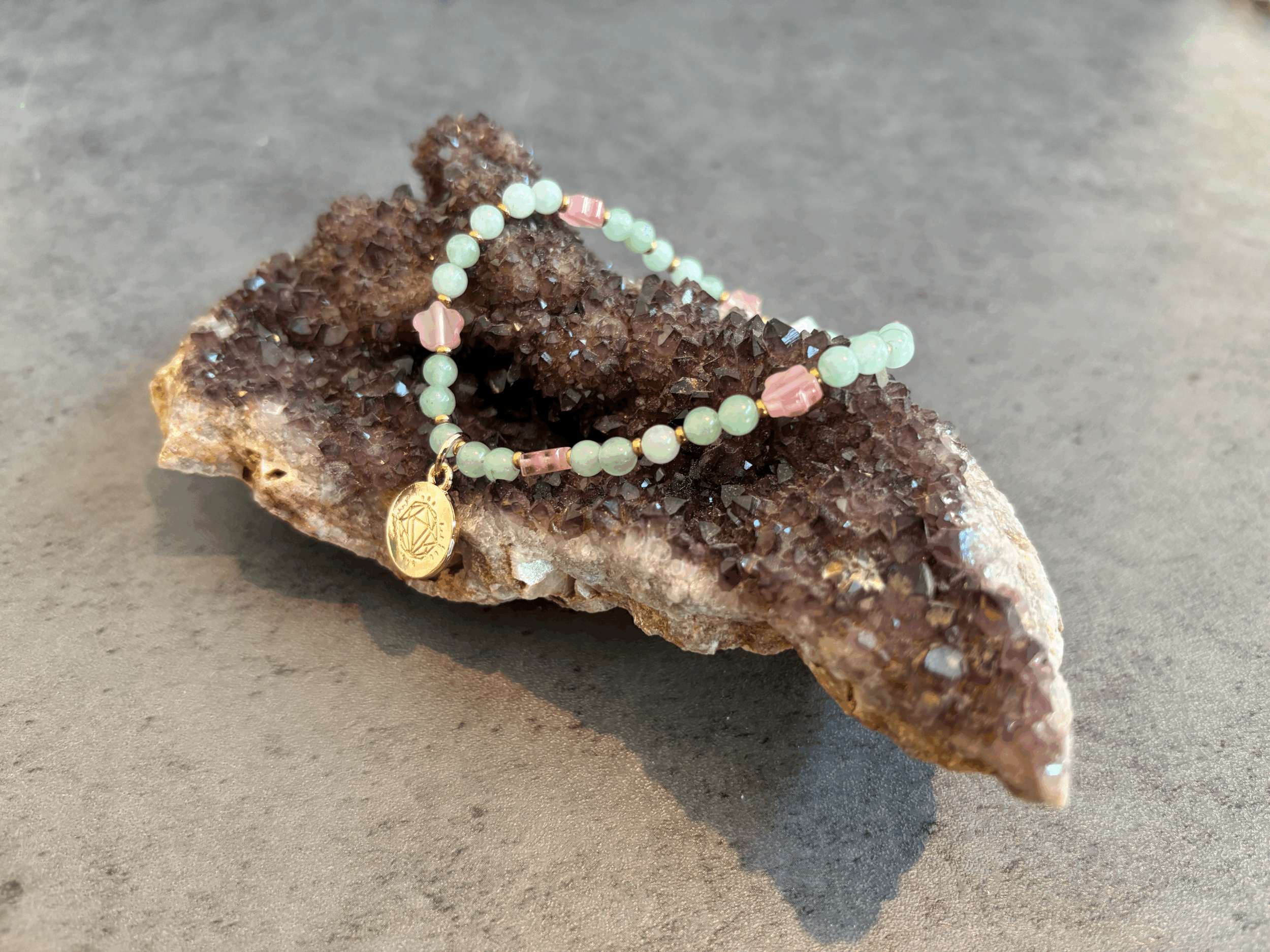 Green Aventurine & Pink Flower Stretch Bracelet