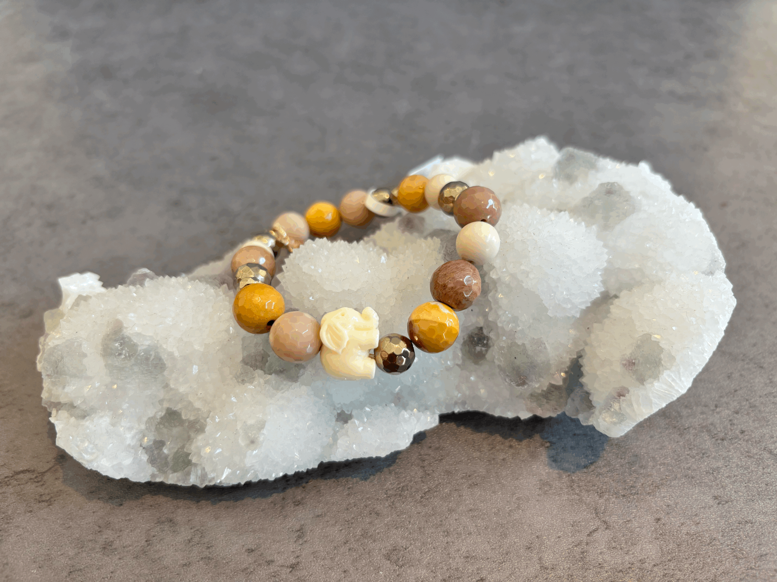 Mookaite, Fossil Jasper and Titanium Pyrite Elephant Stretch Bracelet