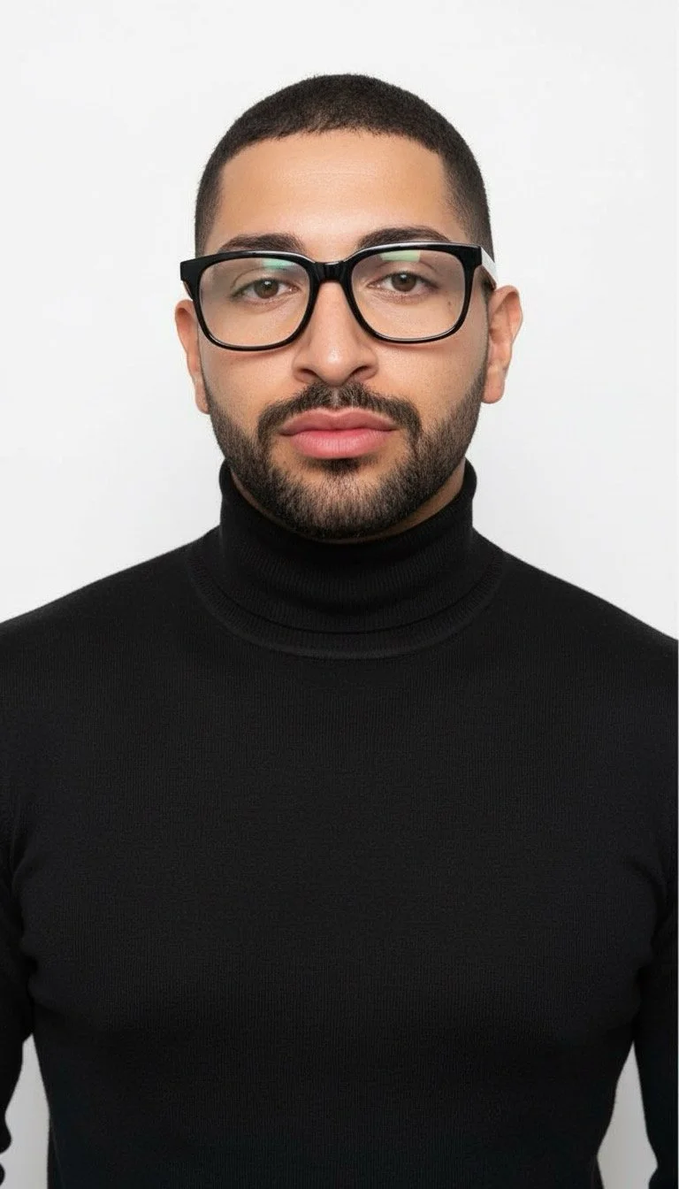 Portrait of a man with short dark hair, glasses, a beard, wearing a black turtleneck shirt, against a plain white background.