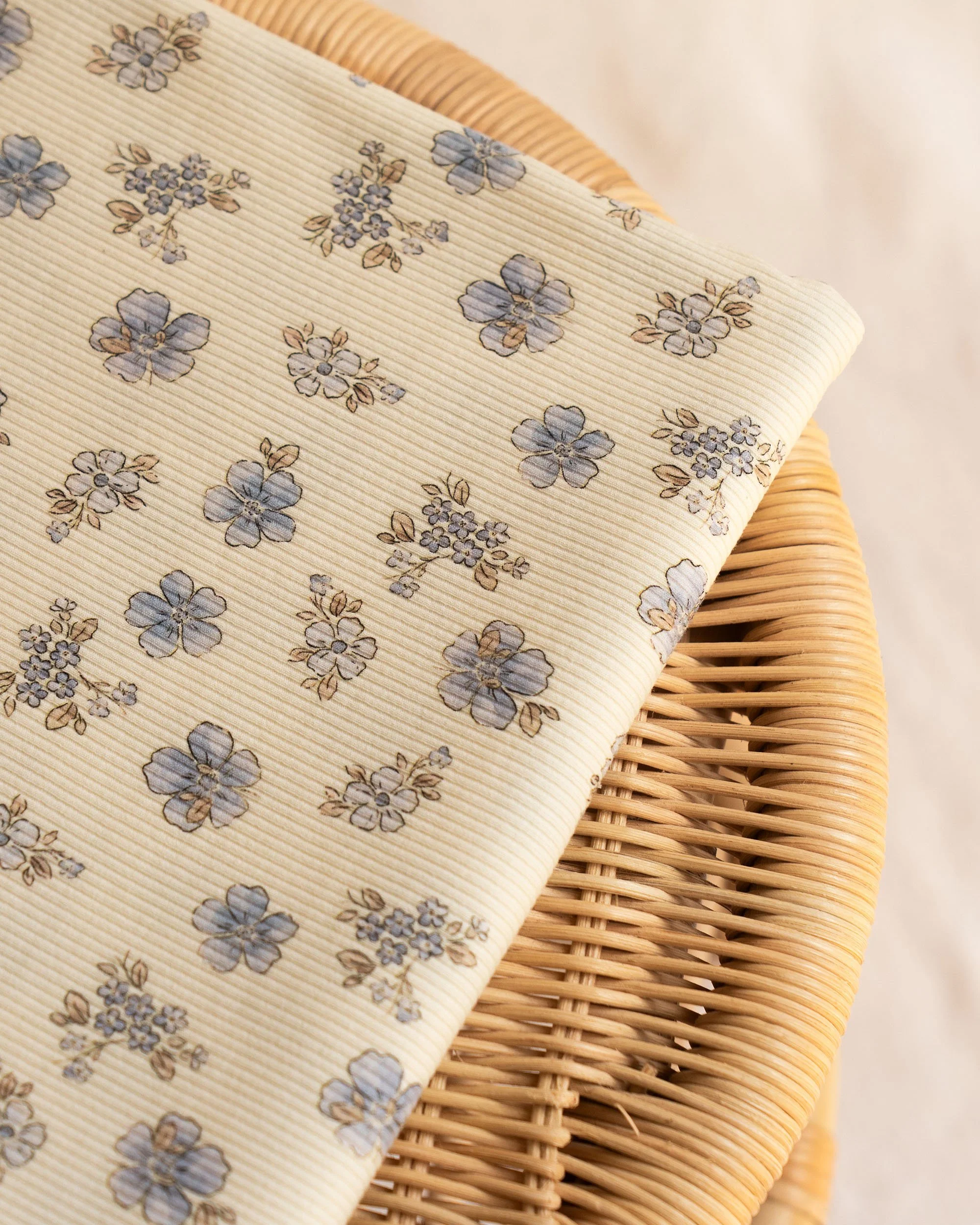 Blue Floral Cotton Rib Jersey Fabric / Ecru Background