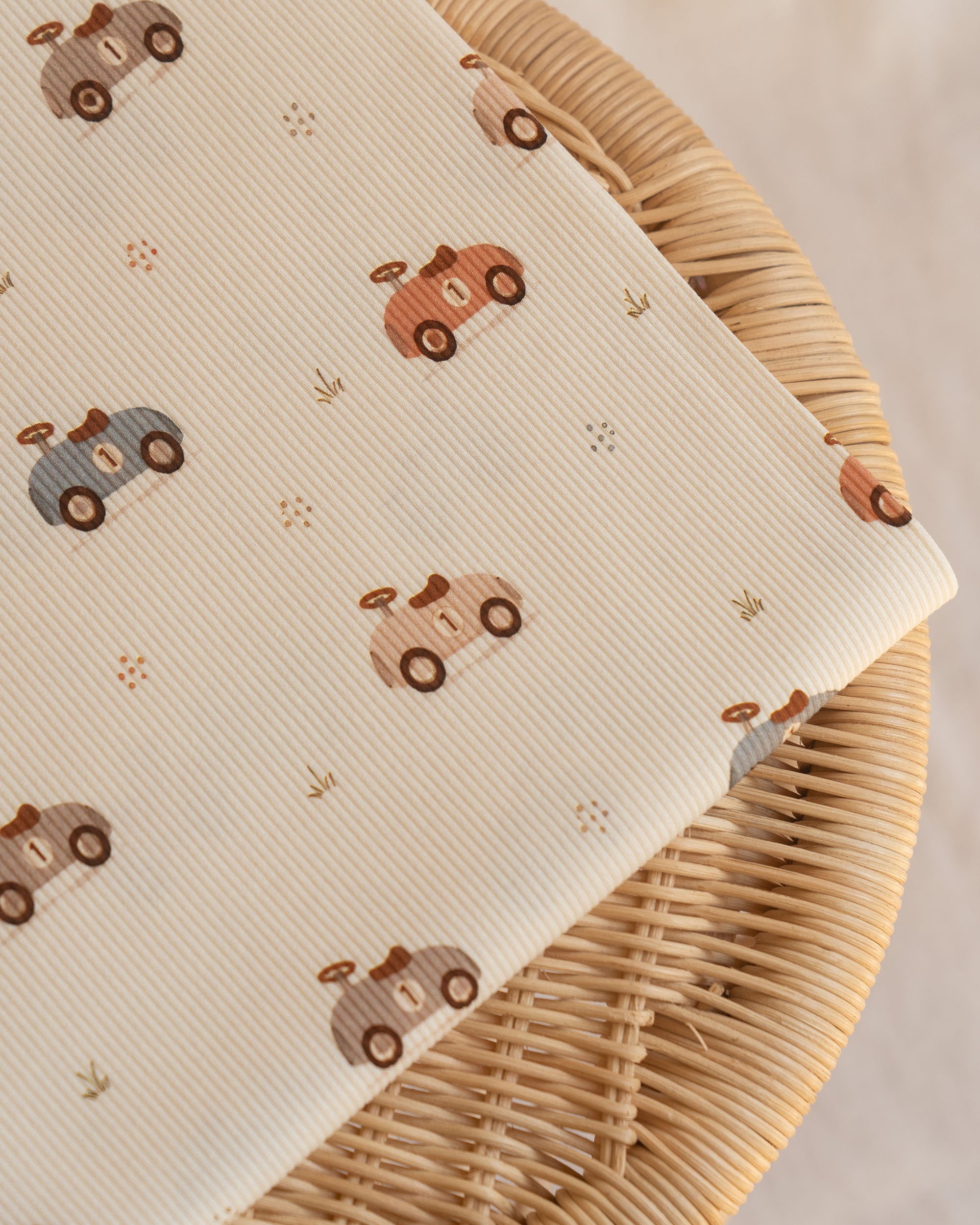 Vintage Cars Cotton Rib Jersey Fabric / Ecru Background