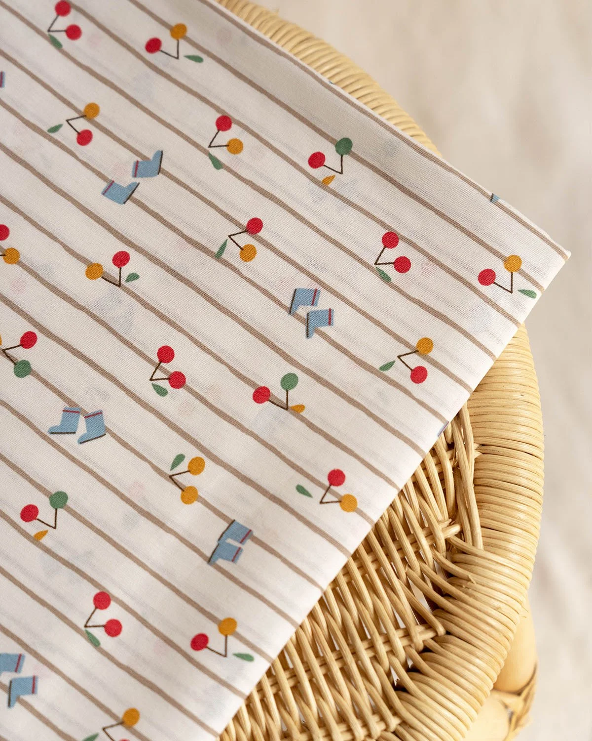 Off White Cotton Fabric with Cherries and Rain Boots