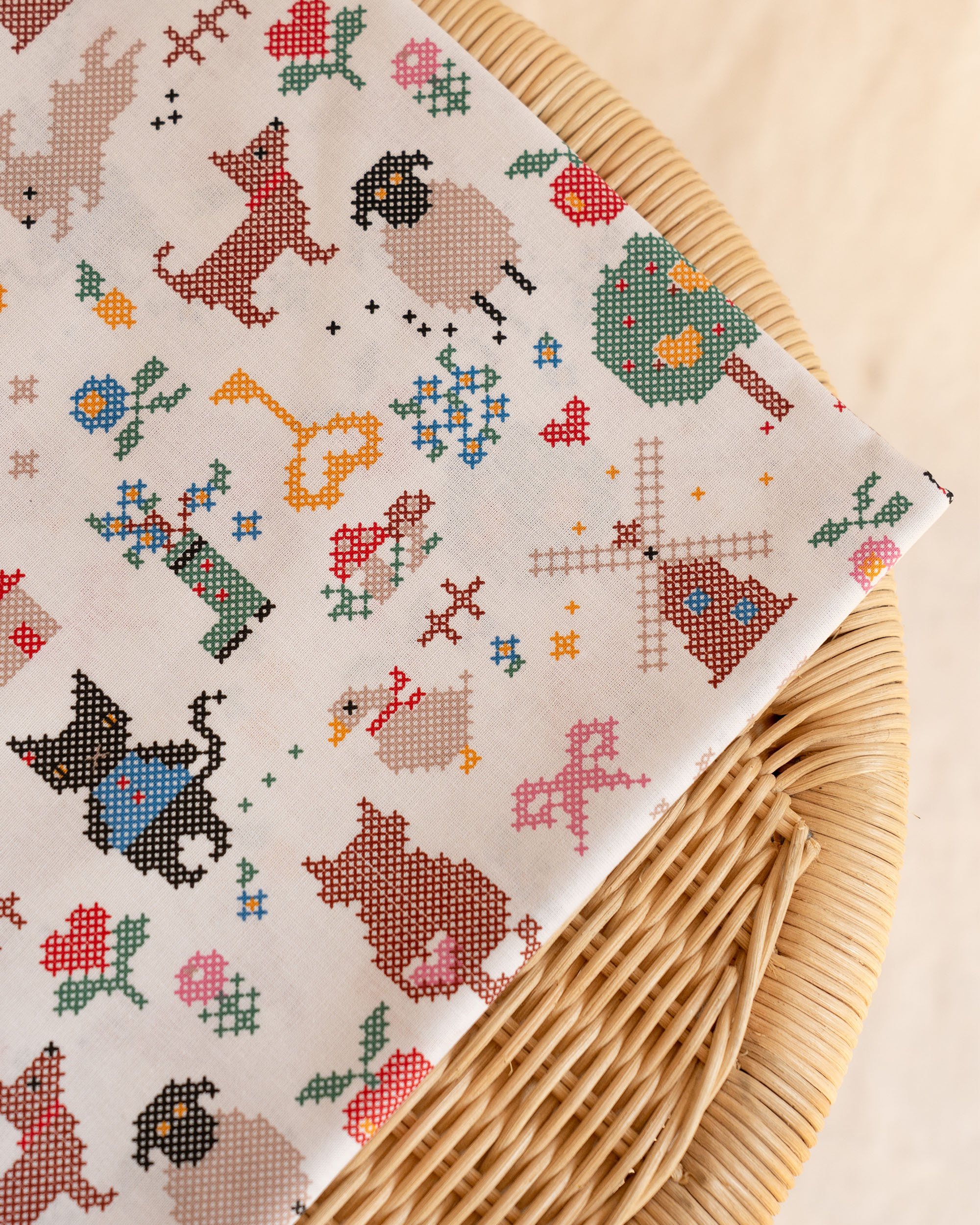 Cross Stitch Inspired Cotton Fabric - Colorful Folk Print on White