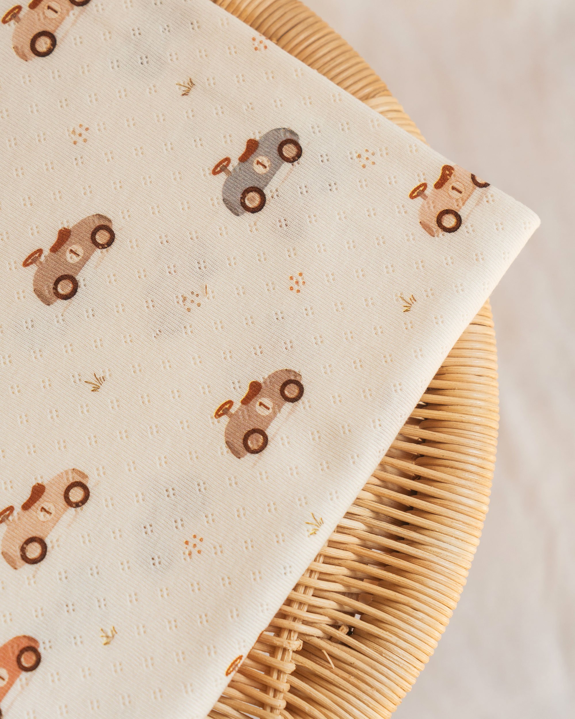 Vintage Cars Pointelle Cotton Jersey Fabric / Off White Background