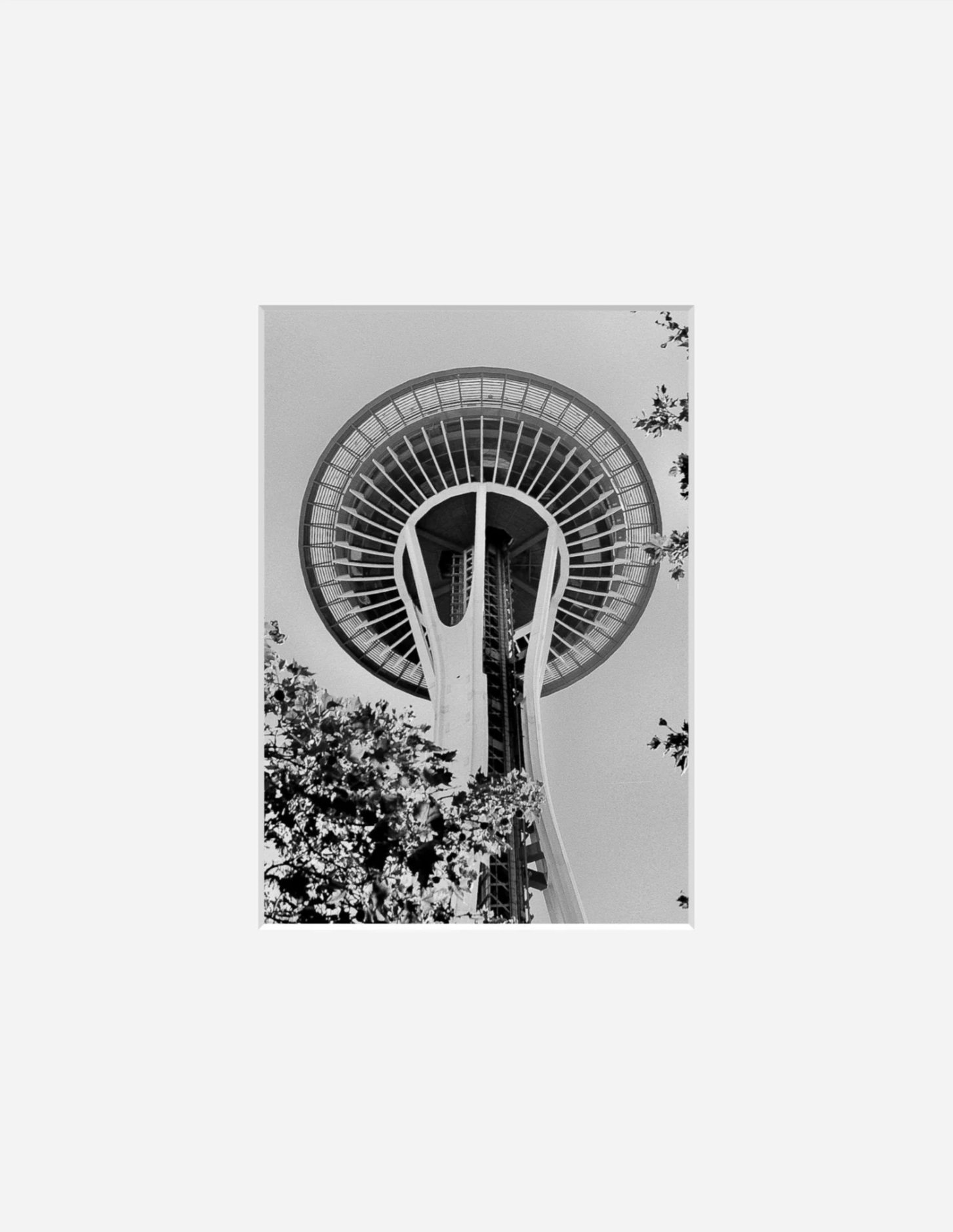 11x14 acid-free white archival gallery mat displaying a 5x7 black and white urban architectural print titled SPACE NEEDLE