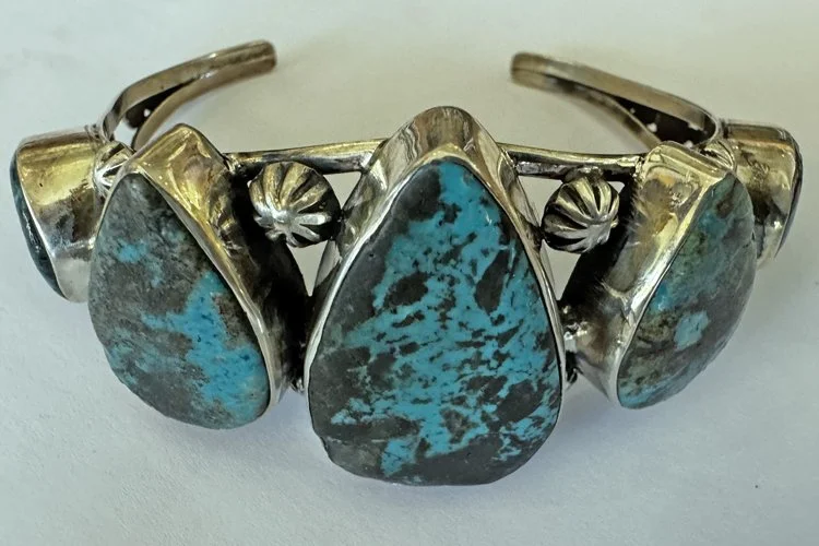 JAA Jewelry Designs, silver and turquoise cuff with teardrop shaped triad