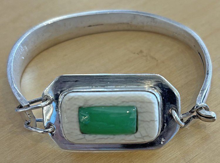JAA Jewelry Designs, bracelet with jade rectangular stone isnet in to white rectangular stone, silver wrap and hinge
