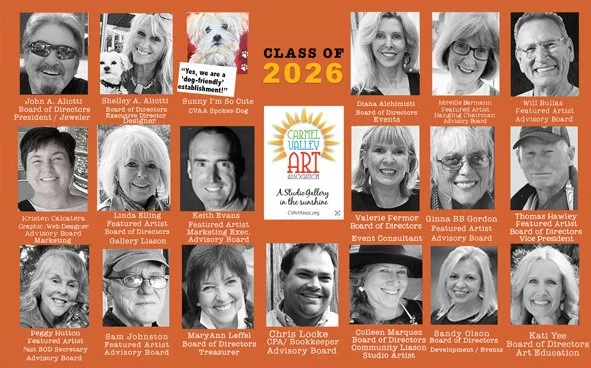 This is a graphic including photos of each of Carmel Valley Art Association's Board of Directors, as of June 2026.