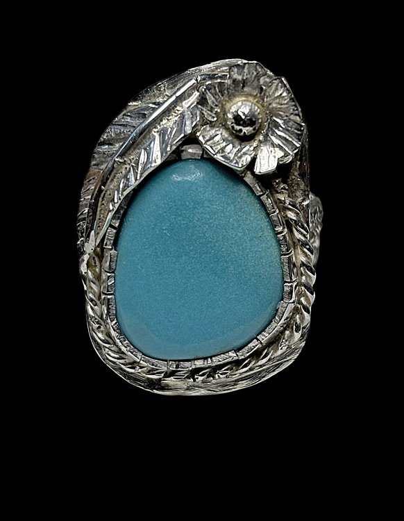 JAA-Designs, ring flat turquoise oblong with silver flower leaf embellishments