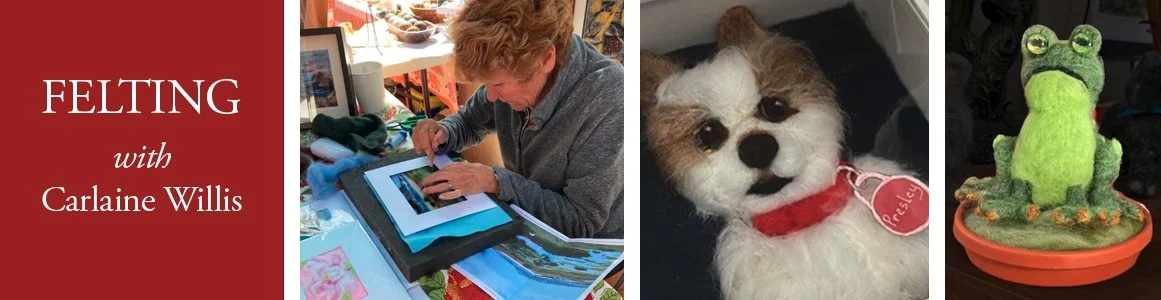 This is a collage of 4 images showing CVAA artist Carlaine Willis at work doing FELTING. It is offered as an adult art class through the CVAA Gallery.