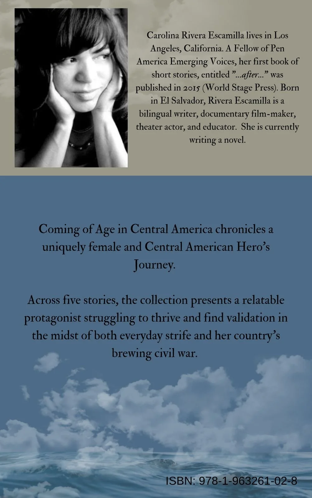 A book cover featuring a black and white portrait of a woman in the top left corner, with biographical information to the right. The background includes a blue sky with clouds and ocean waves at the bottom, and an ISBN number at the bottom right.