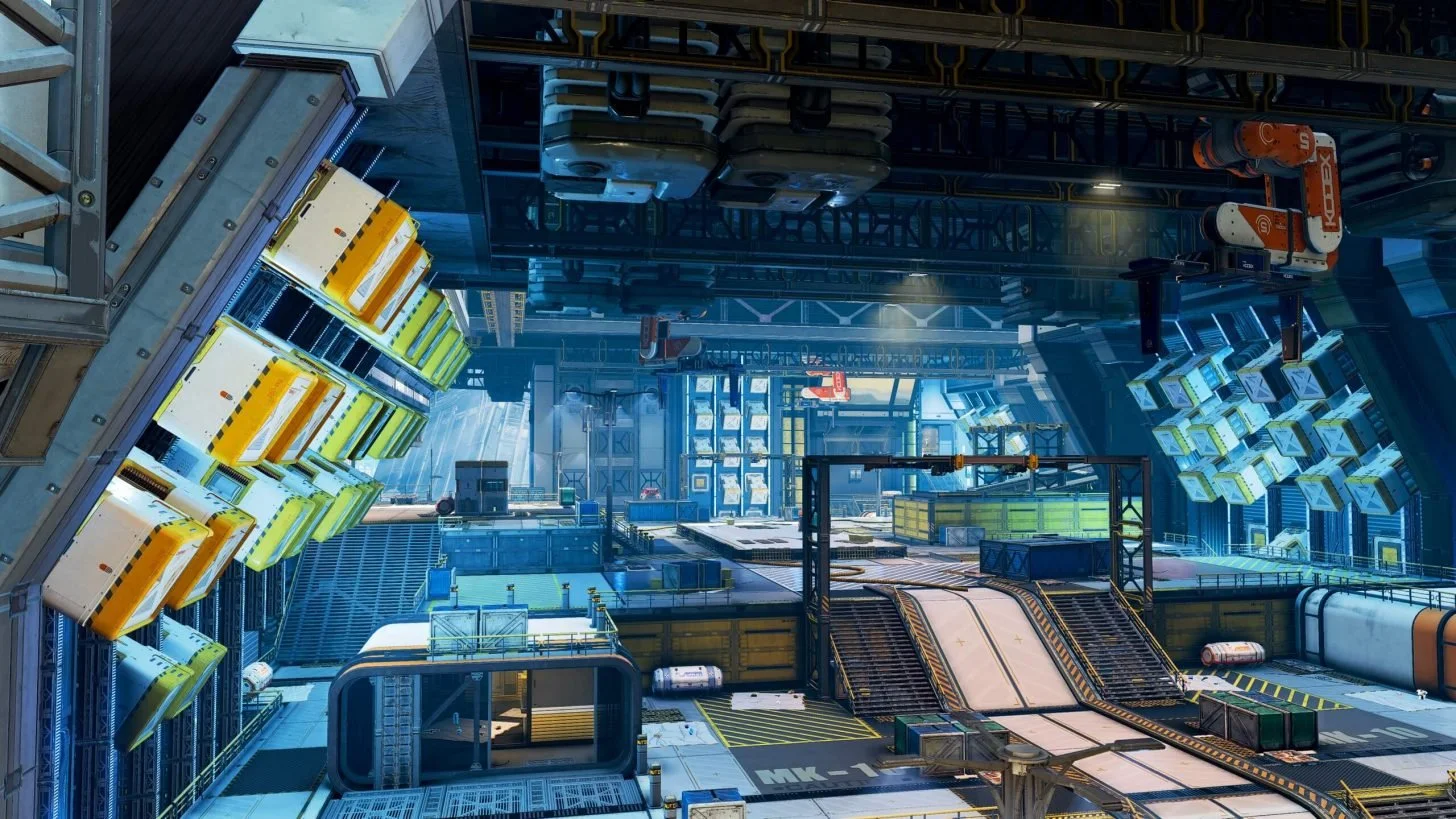 Futuristic space station interior with advanced machinery, conveyor belts, storage containers, and robotic arms in a high-tech sci-fi setting.