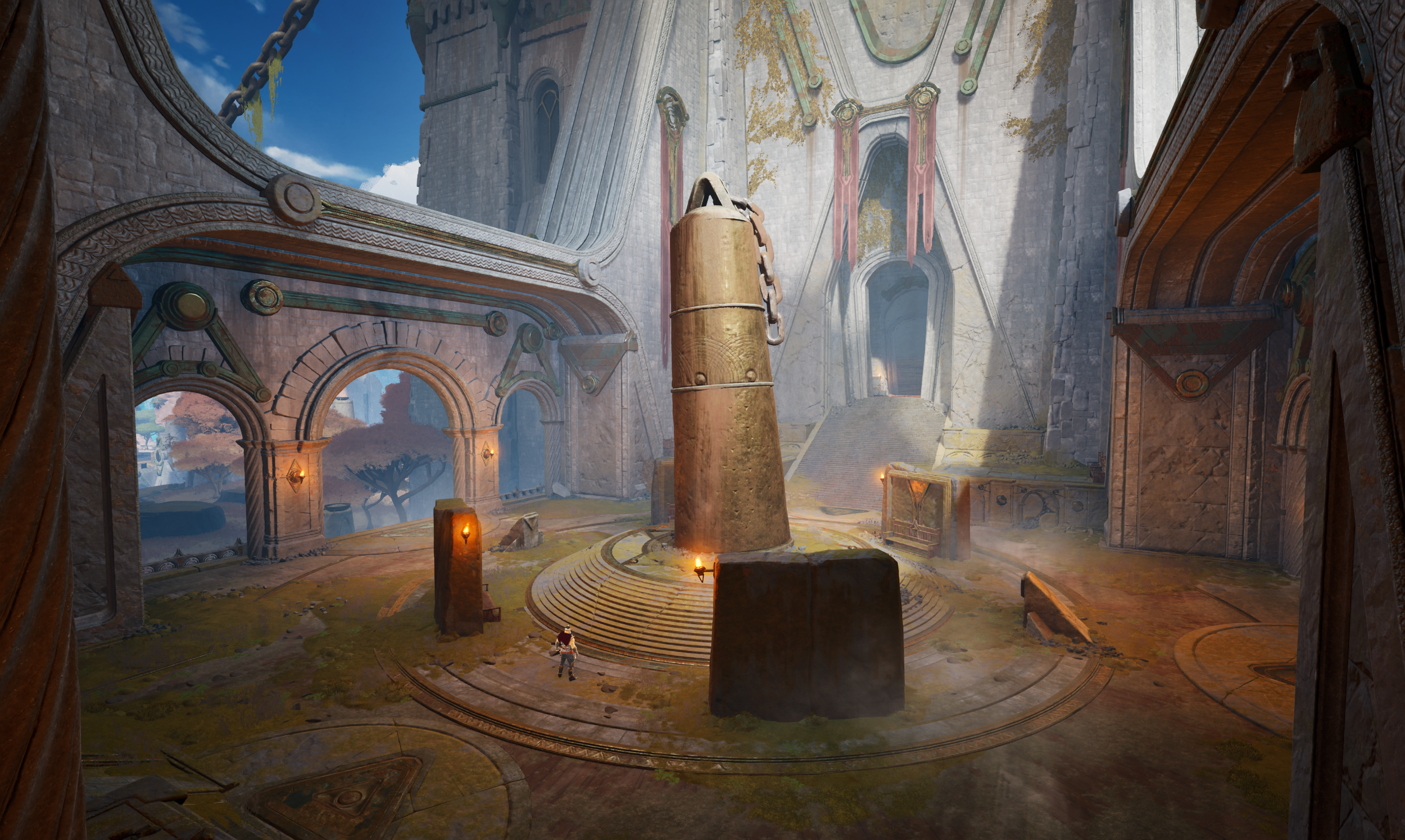 A large central statue of a bell in a medieval fantasy castle courtyard with steps, arches, and trees in the background.