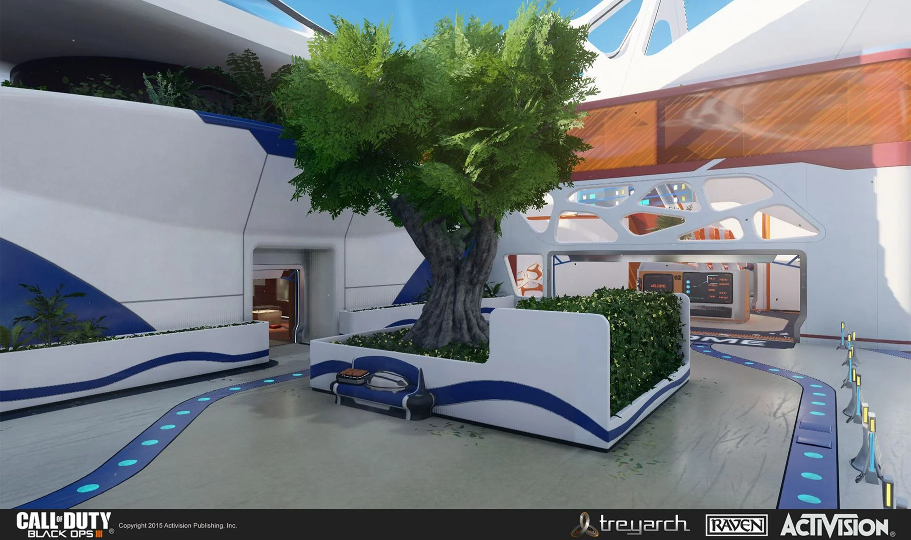 Futuristic indoor scene with a large tree in a white planter, advanced technology displays, and sleek modern architecture.
