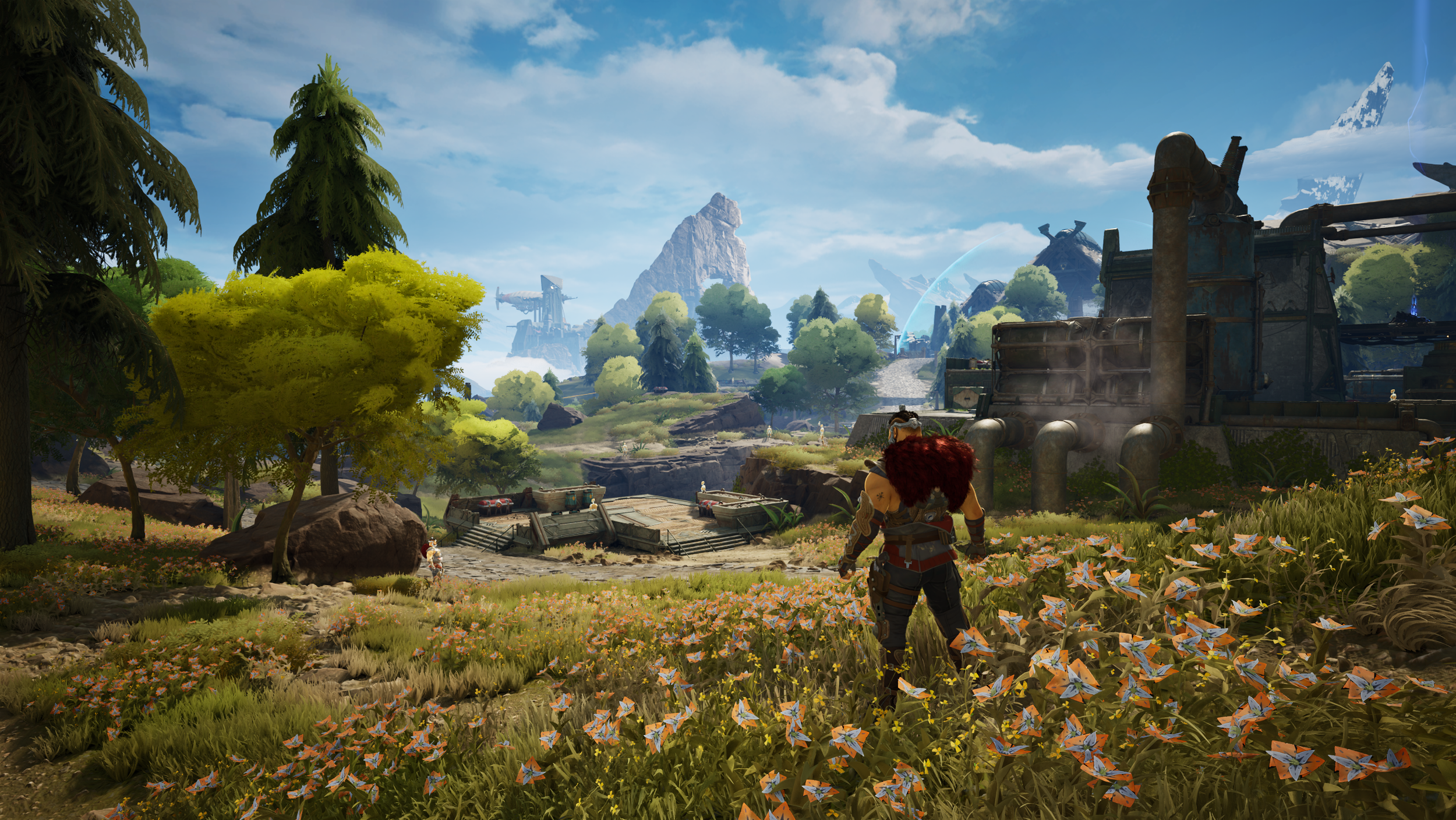 A video game scene showing a character with red hair and armor walking through a lush, green landscape with trees, flowers, and industrial structures in the background, under a partly cloudy sky.