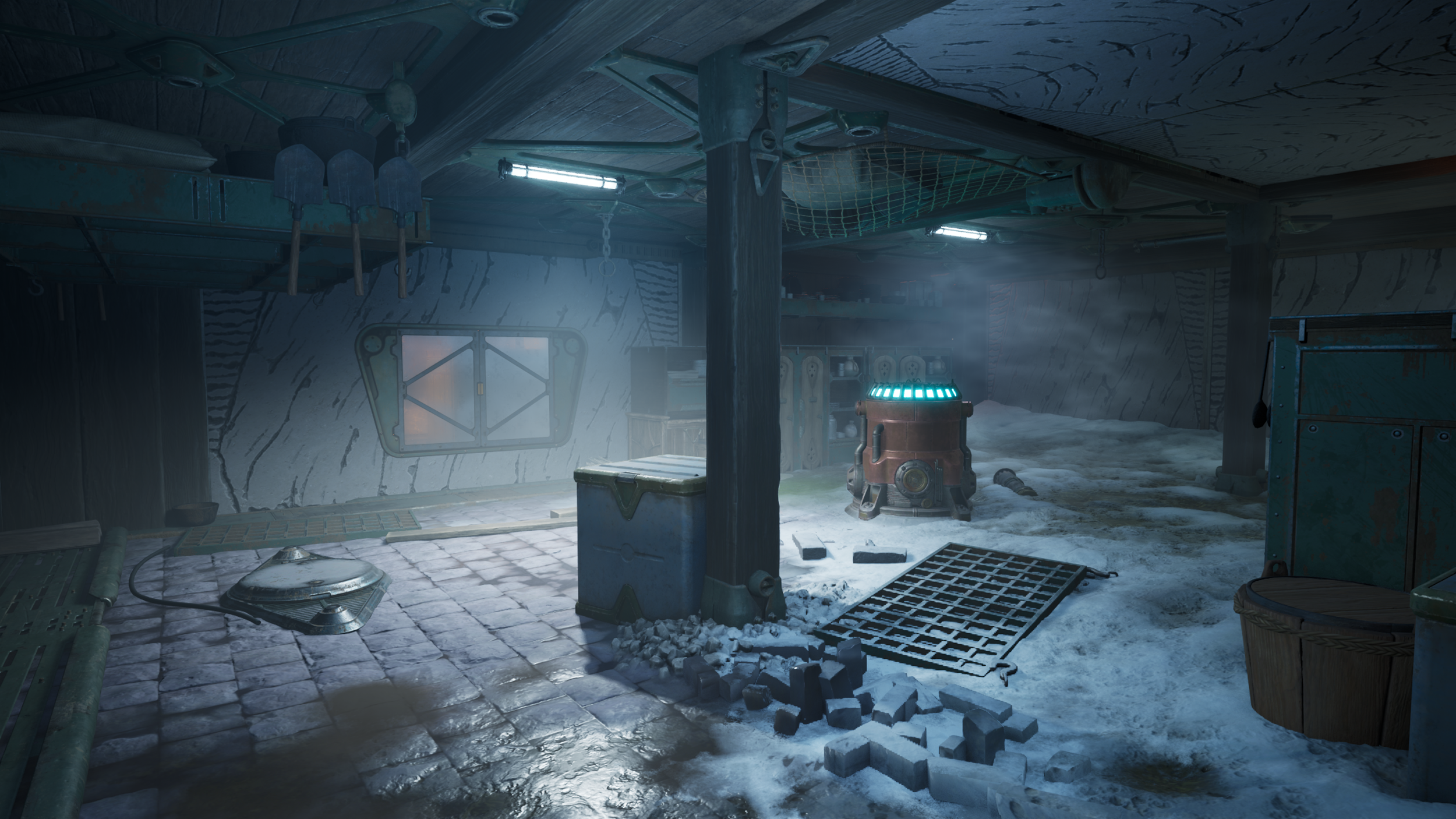 An interior of a snow-covered, underground bunker or laboratory with metal and wood structures, a small window, scattered rocks, a container, and glowing equipment, illuminated by cold blue lighting.