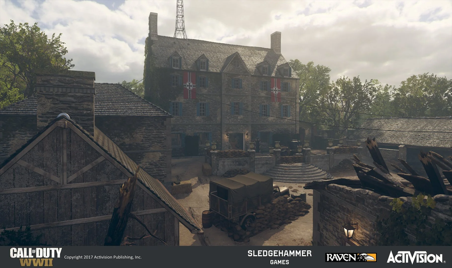 In-game screenshot of a WWII village scene from Call of Duty: WWII, showing a stone building with Nazi flags, an armored vehicle, and wooden wreckage on a cloudy day.