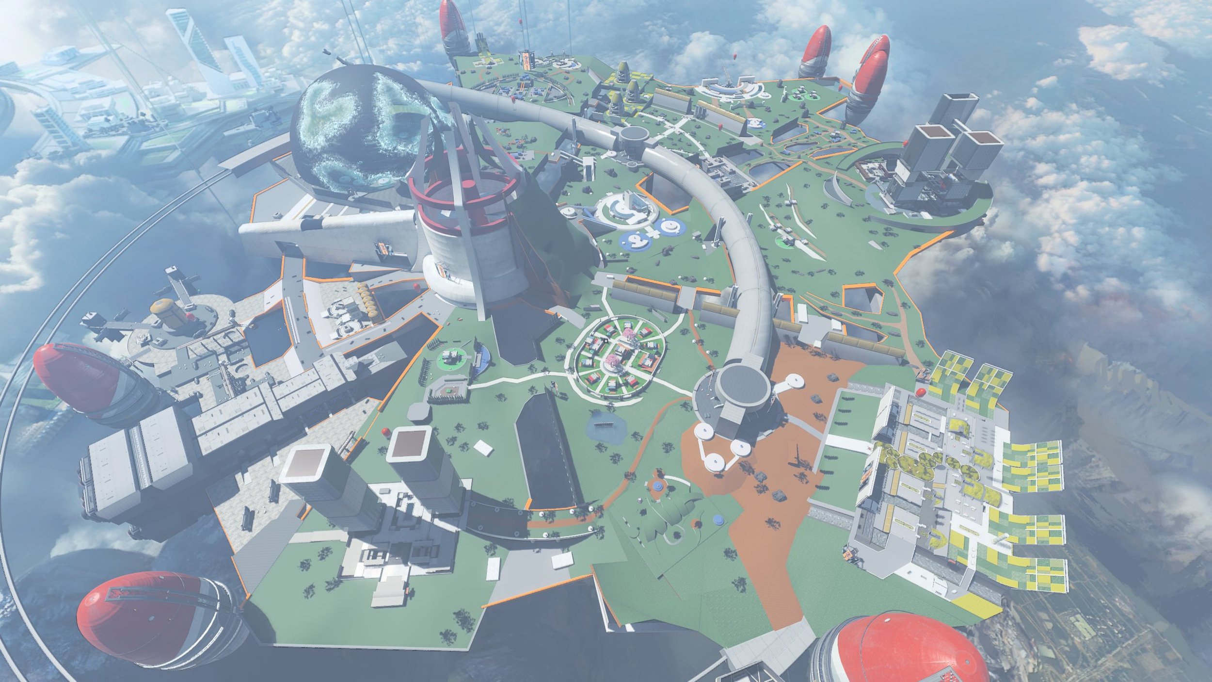 A futuristic city floating among the clouds with tall skyscrapers, large domes, and flying vehicles.