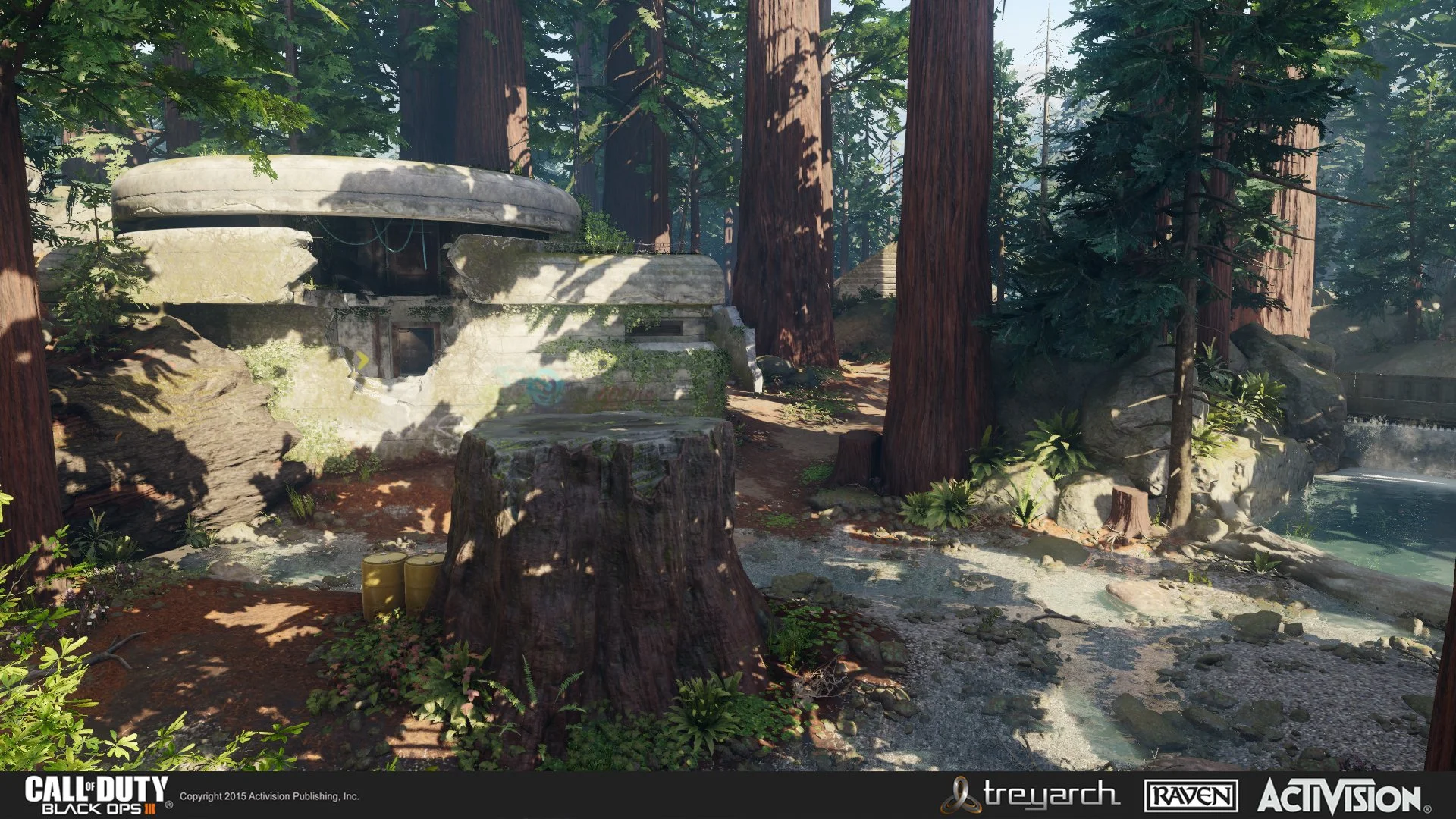 Dense forest scene with large trees, a weathered Bunker in the background, and a stream running through the ground.