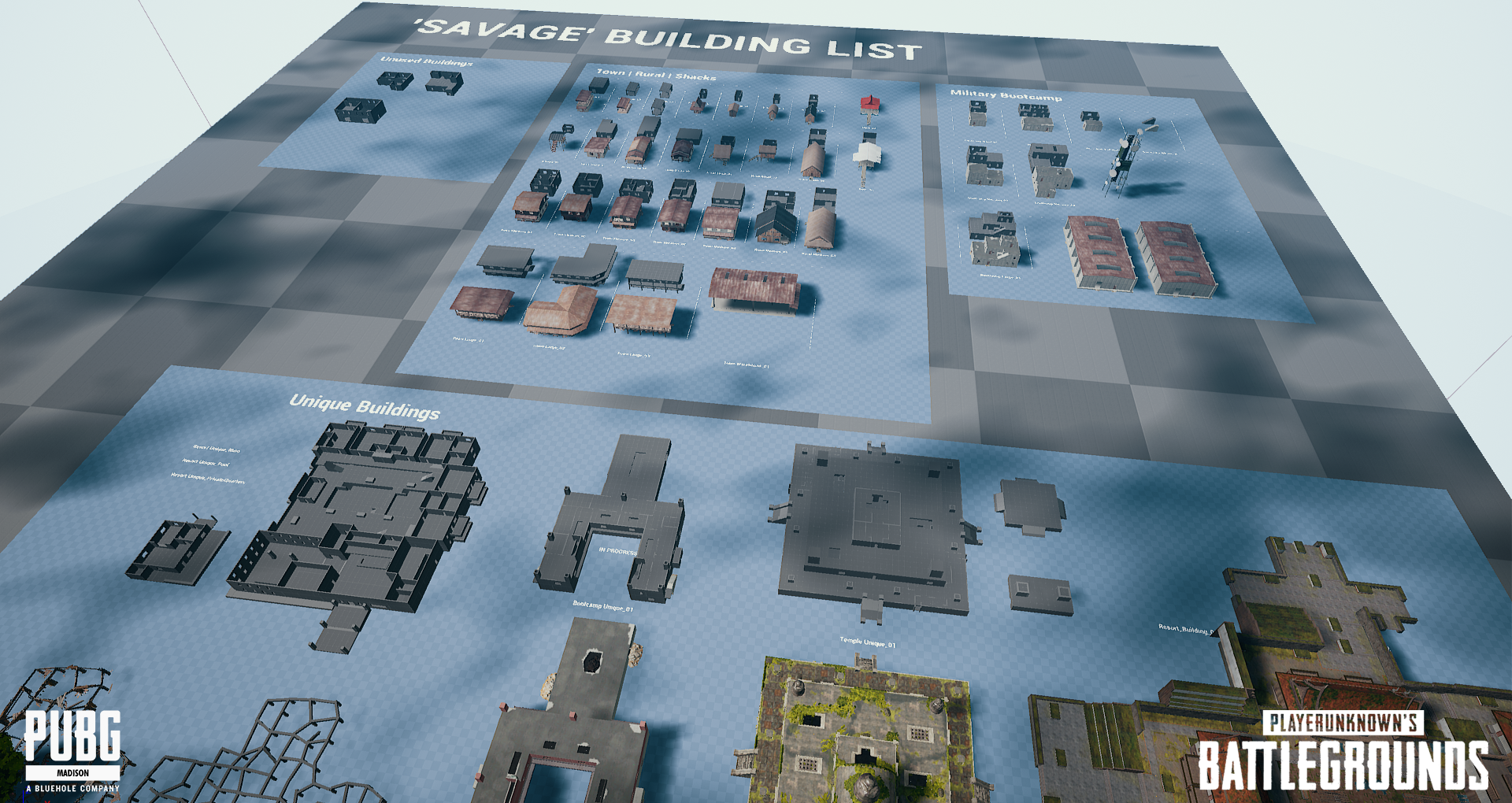A detailed digital map or plan showing different categories of buildings and structures labeled 'SAVAGE' BUILDING LIST', including 'Unowned buildings', 'Town/Rural/Shucks', 'Military Bootcamp', 'Unique Buildings', and various individual building layo