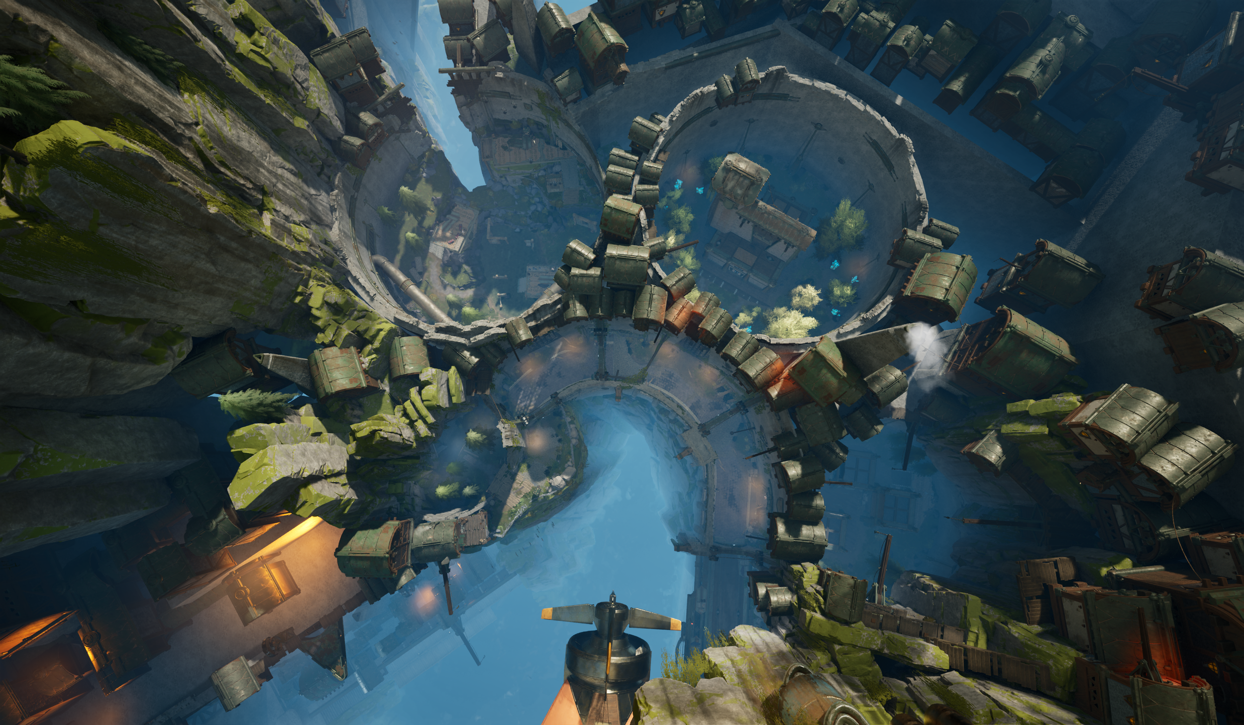 Aerial view of a futuristic city built within a circular canyon with waterfalls, cliffs, and a flying spaceship in the foreground.