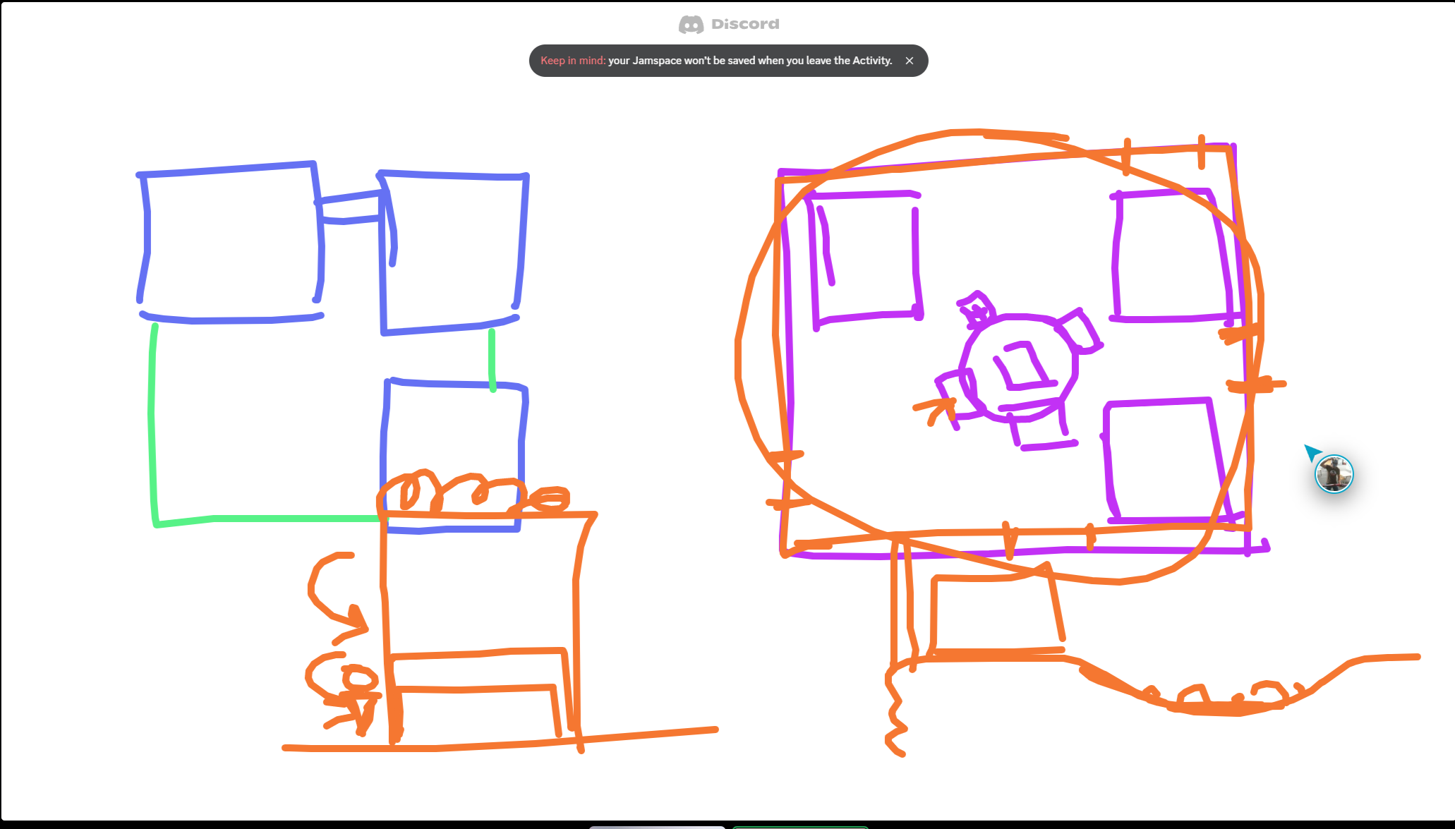 A colorful, hand-drawn floor plan of a home or workspace, featuring rooms outlined in different colors such as blue, green, purple, and orange, with various furniture and fixtures like desks, chairs, and a computer.