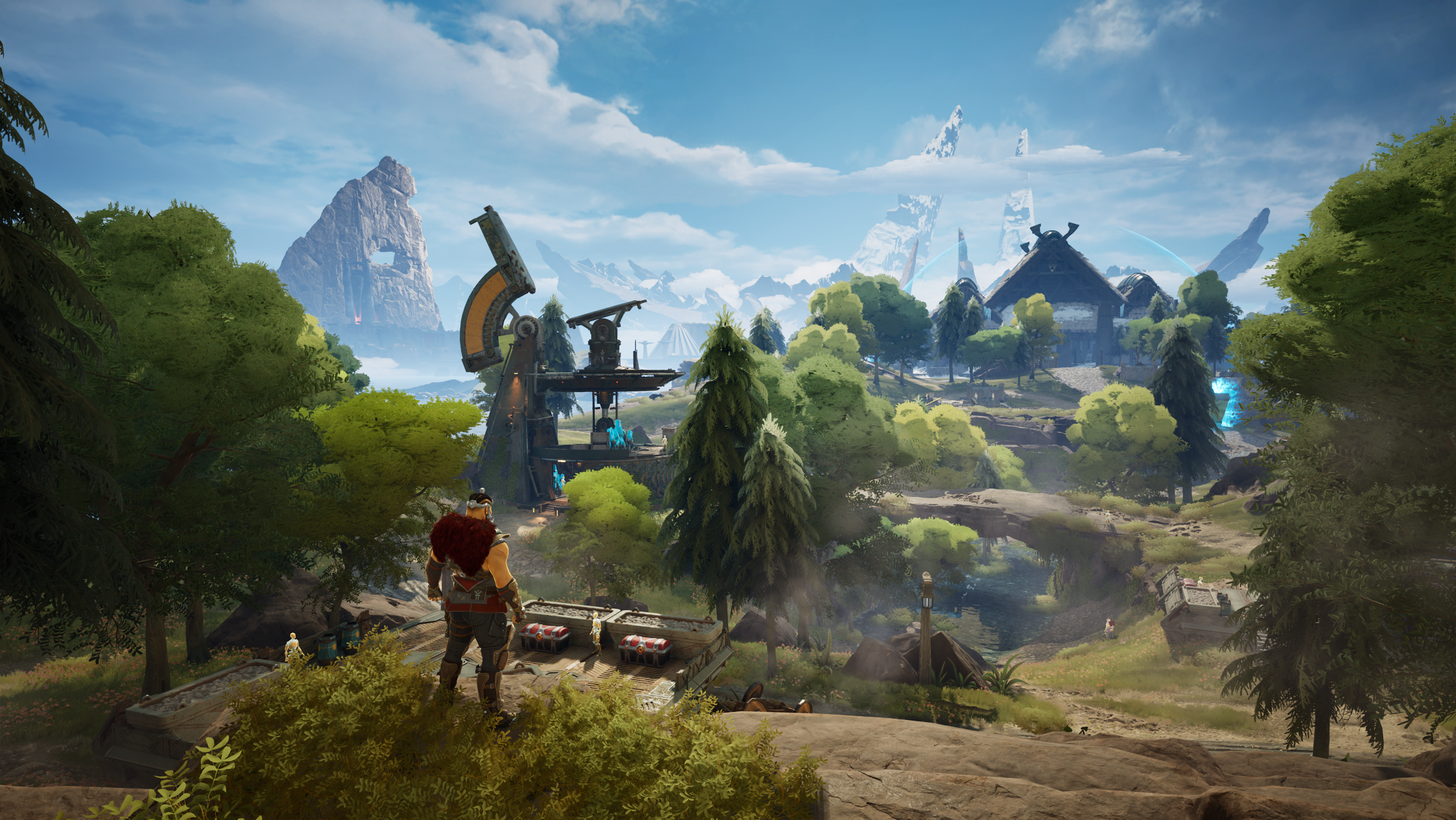 A lush green landscape featuring trees, a river, and structures with mountainous terrain in the background, with a character standing on a platform in the foreground.