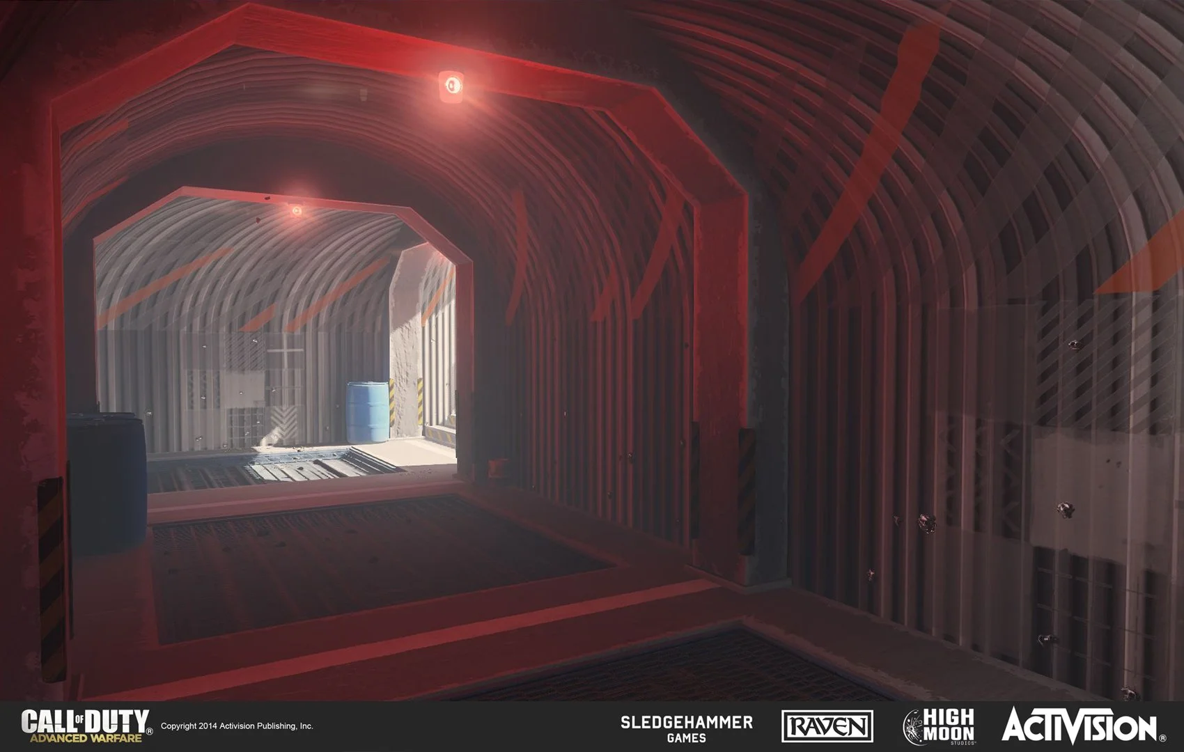 A digital game environment resembling a tunnel with metallic and red lighting elements, featuring industrial and futuristic design elements.
