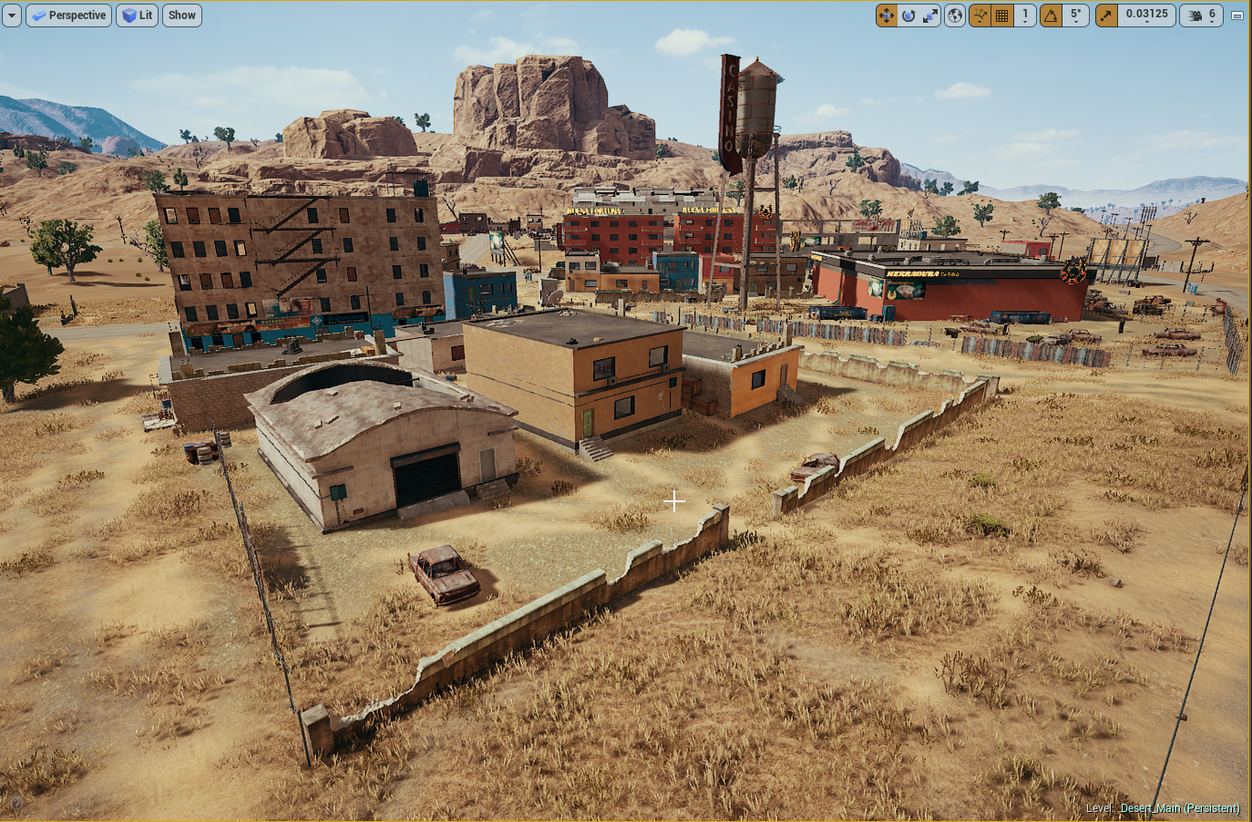 A digital rendering of a desert town with various buildings, mountains, and a water tower, likely from a video game environment.
