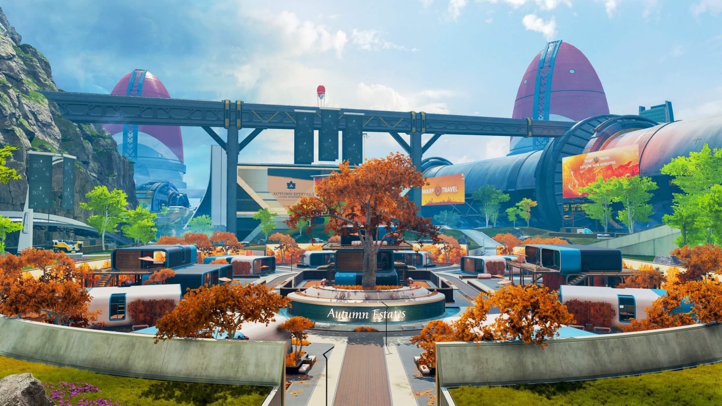 Futuristic cityscape with a central roundabout featuring a large tree, surrounded by modern buildings and greenery. Signs indicate 'Autumn Estates' and promotional banners display travel advertisements. The background has large, egg-shaped structures