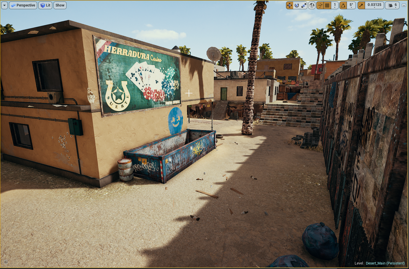 Desert neighborhood scene with sandy ground, palm trees, graffiti-covered walls, and buildings. A large sign for Herradura Casino is visible on a beige building, along with a rusted blue dumpster and a barrel. Shadows cast by the trees and structures