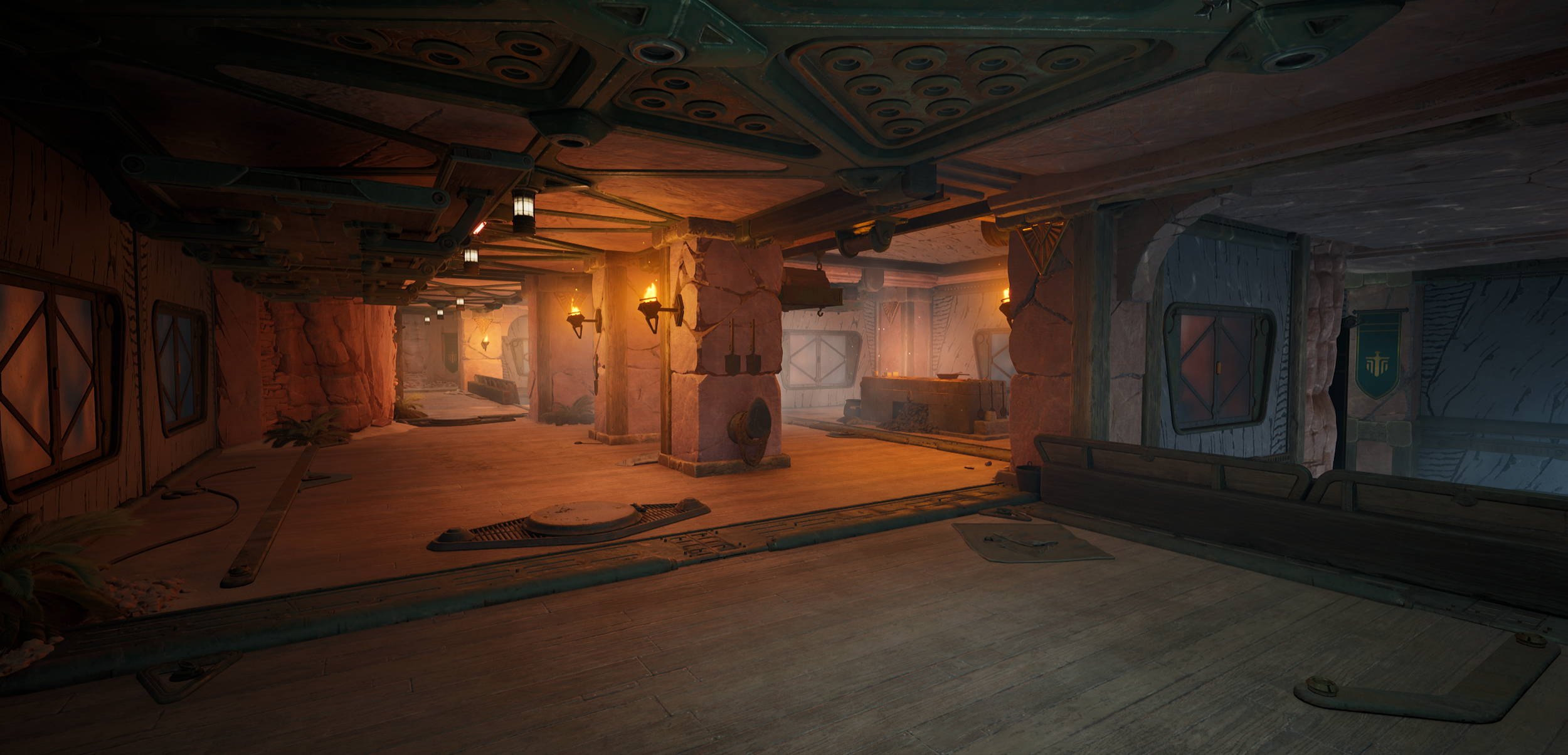An interior scene from a video game, featuring a rustic, fantasy-style room with stone and wood elements, metal pipes, and warm torch lighting.