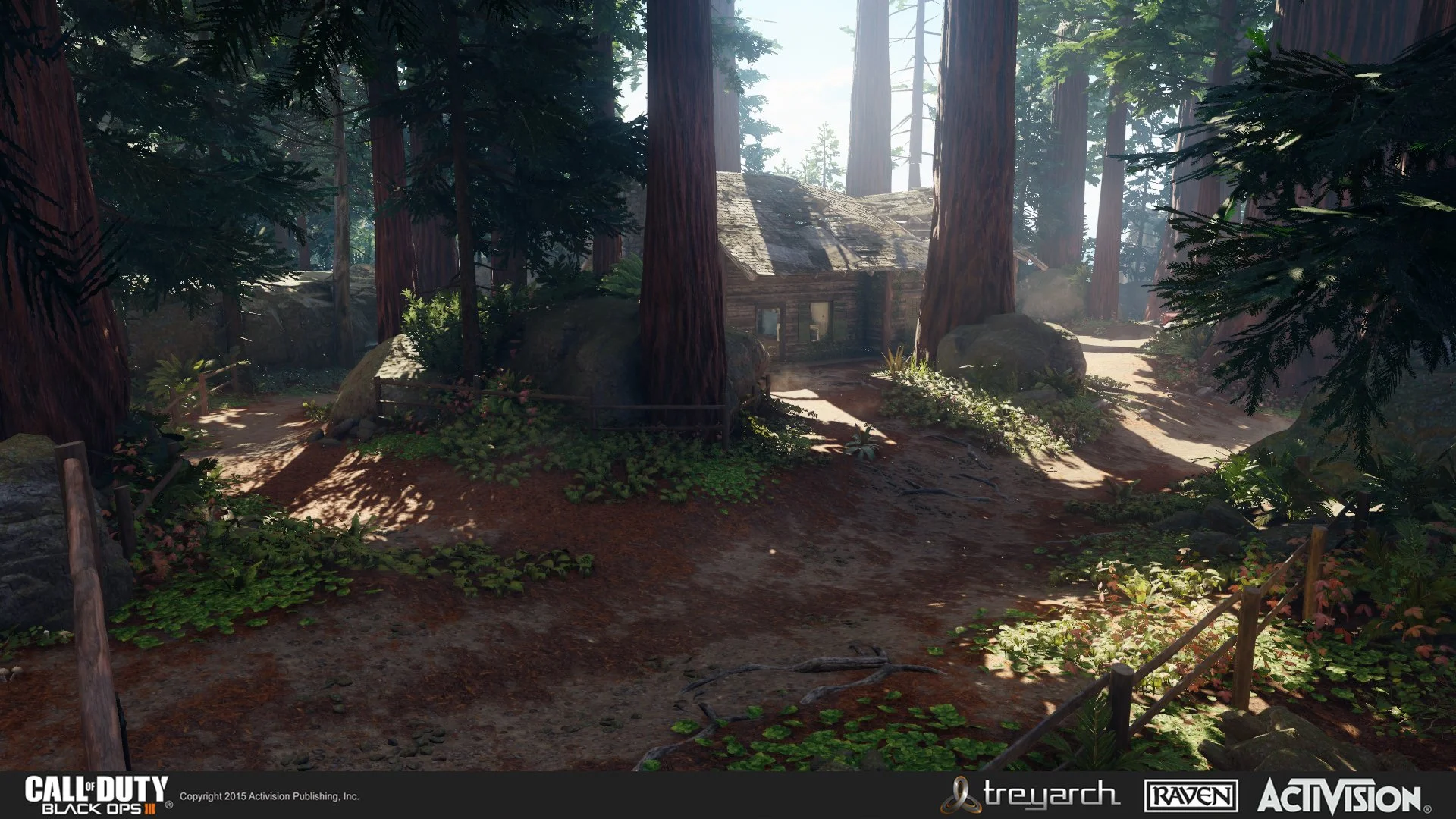 A forest scene with tall trees and a dirt path leading to a small wooden cabin. Sunlight filters through the trees, illuminating the area around the cabin.