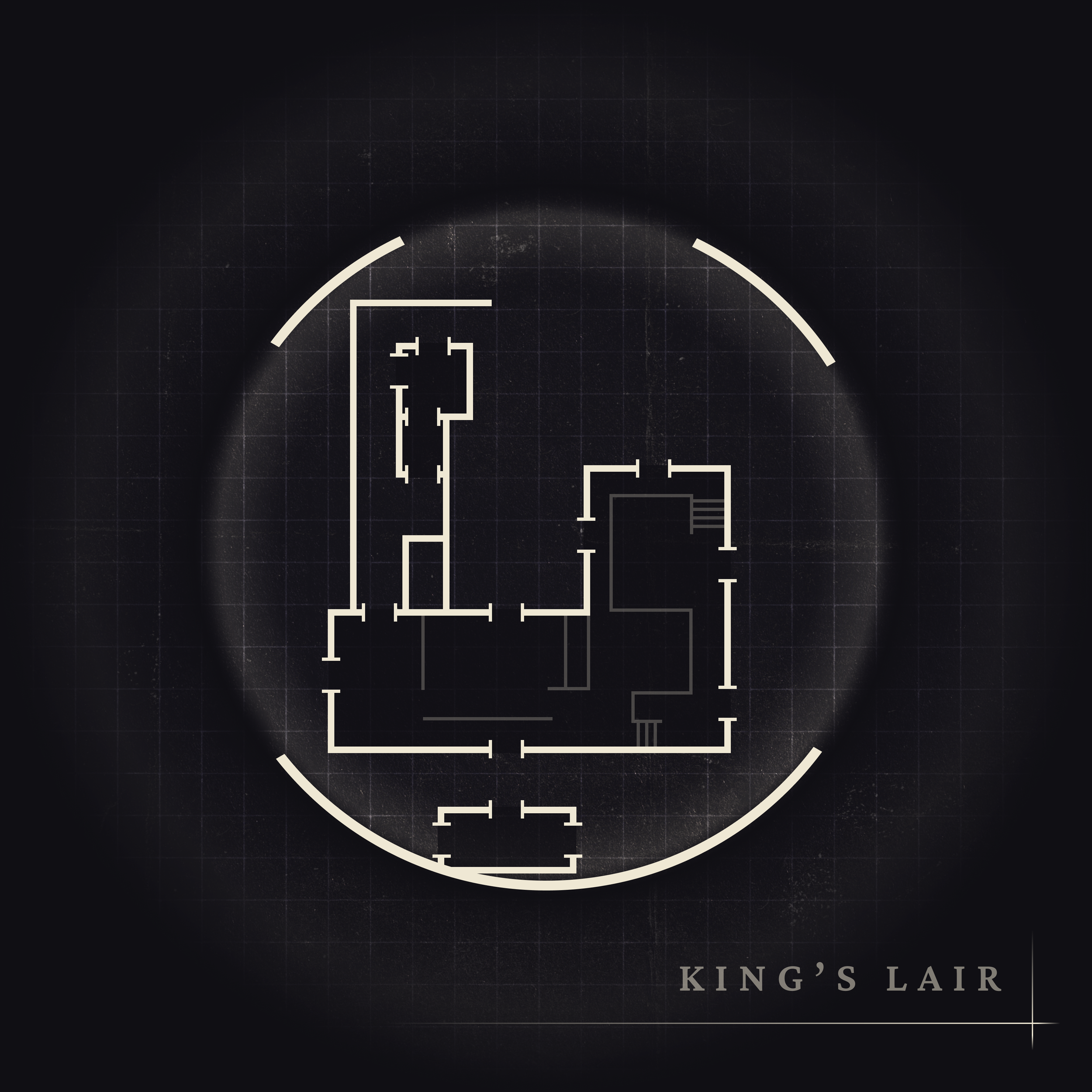 A blueprint floor plan of a building labeled 'King's Lair' with white lines on a black background.