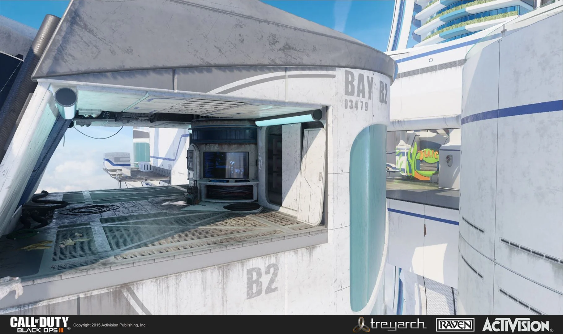 Futuristic white building with the words BAY and B2 and the number 03479. There is a circular window and some neon lighting. The bottom has a black strip with the logos for Call of Duty, Treyarch, Raven, and Activision.