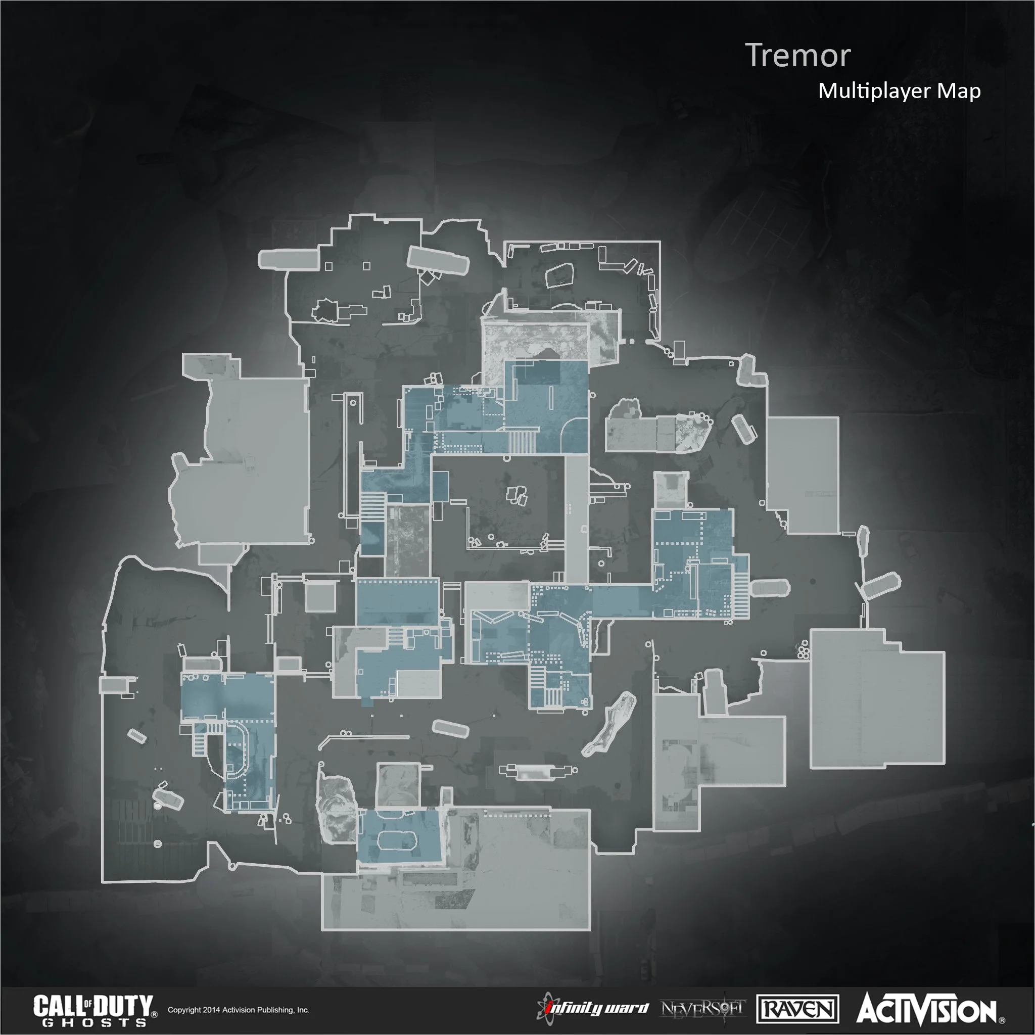Map of the multiplayer level 'Tremor' from Call of Duty Ghosts, showing various interconnected rooms and pathways.