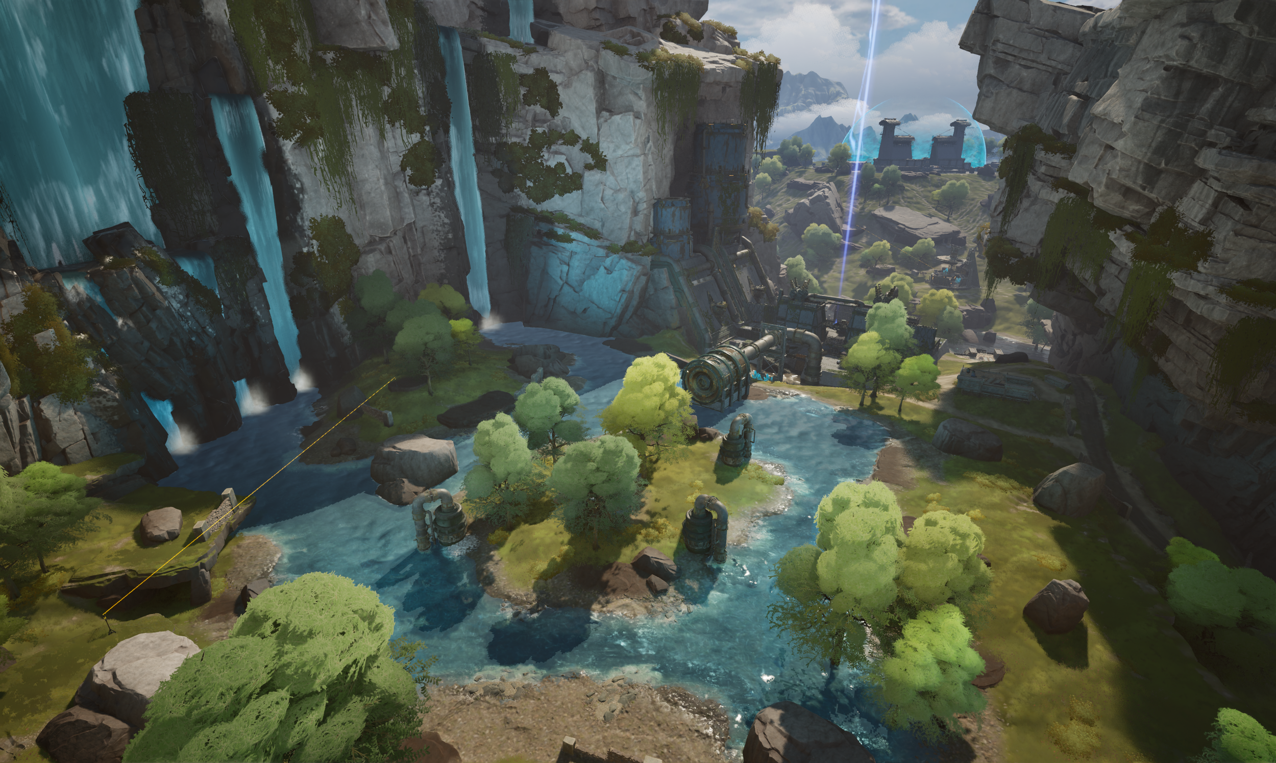 A digital landscape with waterfalls on a mountain, flowing into a river with trees, rocks, and machinery, set against distant futuristic structures and a blue sky with clouds.