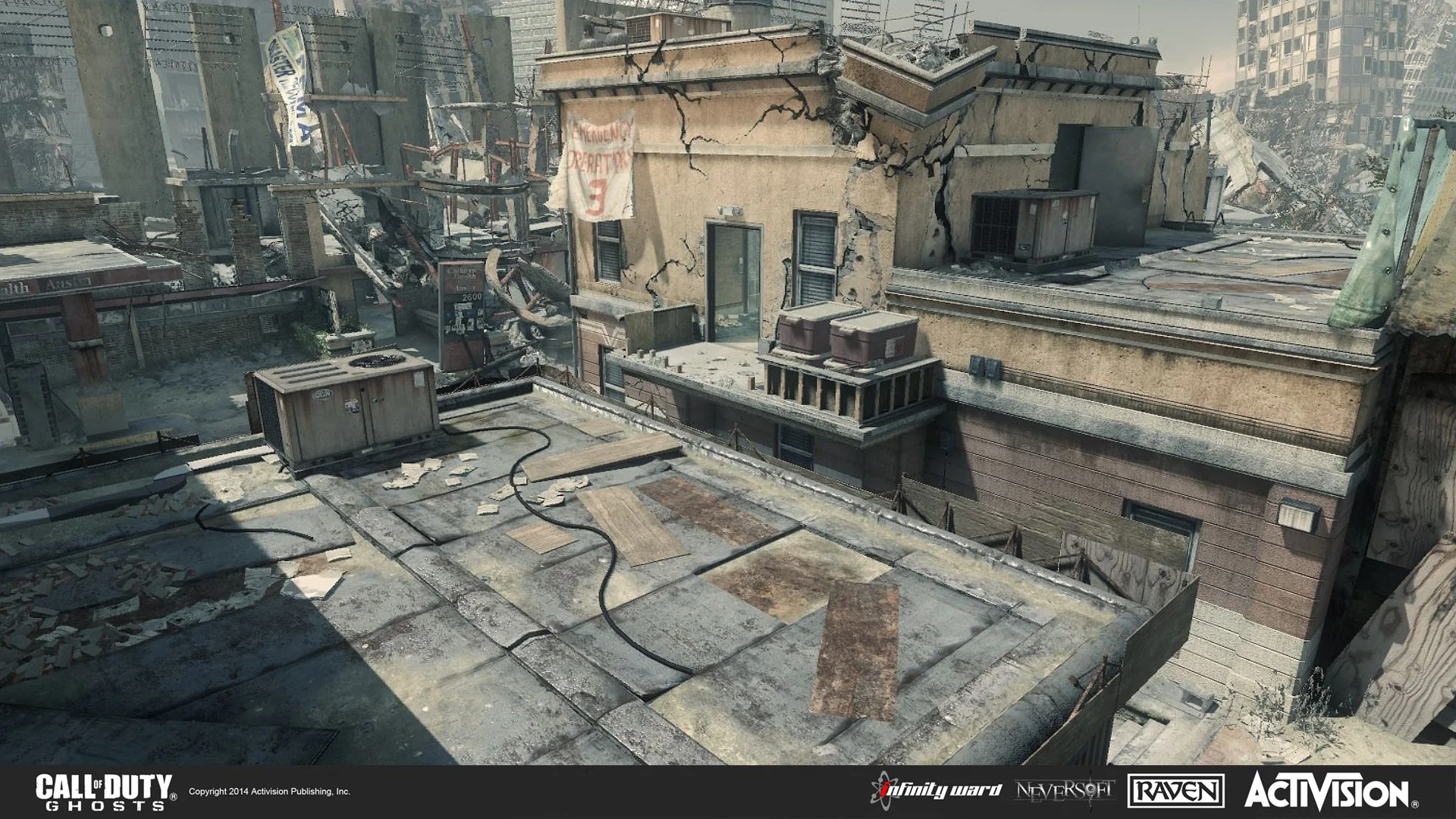 A damaged cityscape with rubble and ruins, including busted buildings, debris, and cracked surfaces, during a war or post-apocalyptic scenario.