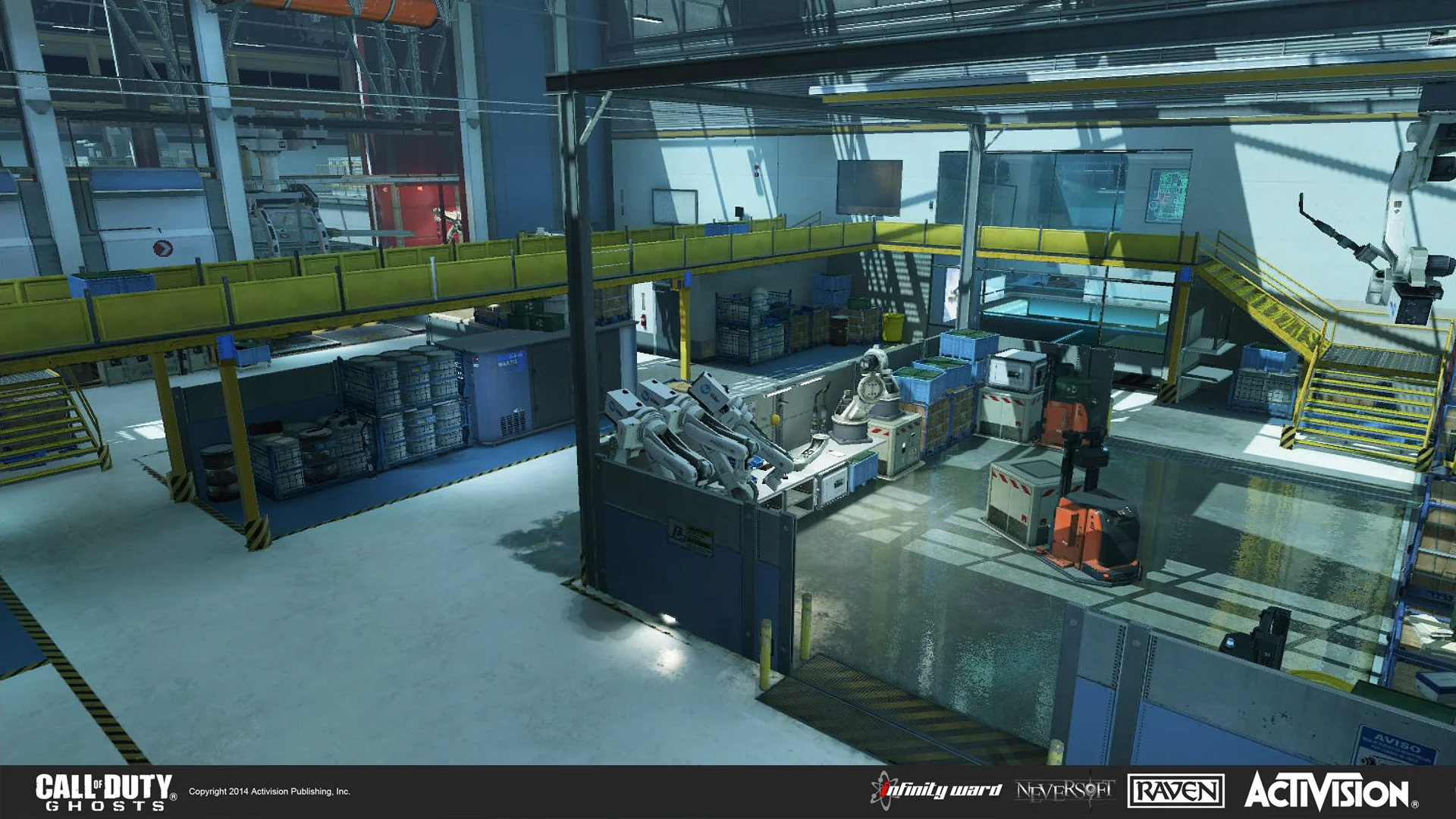 Interior of a futuristic industrial warehouse with robotic arms, shelving units, crates, and stairs, from the video game Call of Duty Ghosts.