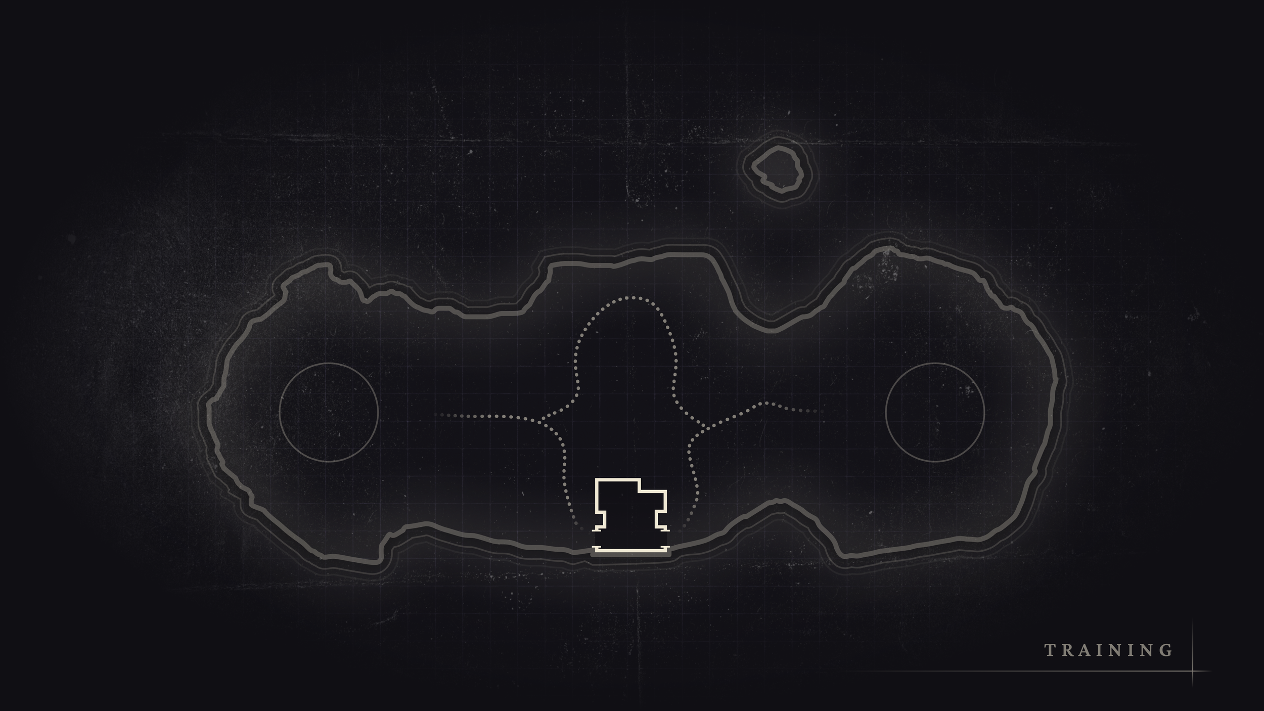 Digital map outline of a terrain in a gaming or training environment, with marked features, circles, and a labeled section 'Training' in the bottom right corner.
