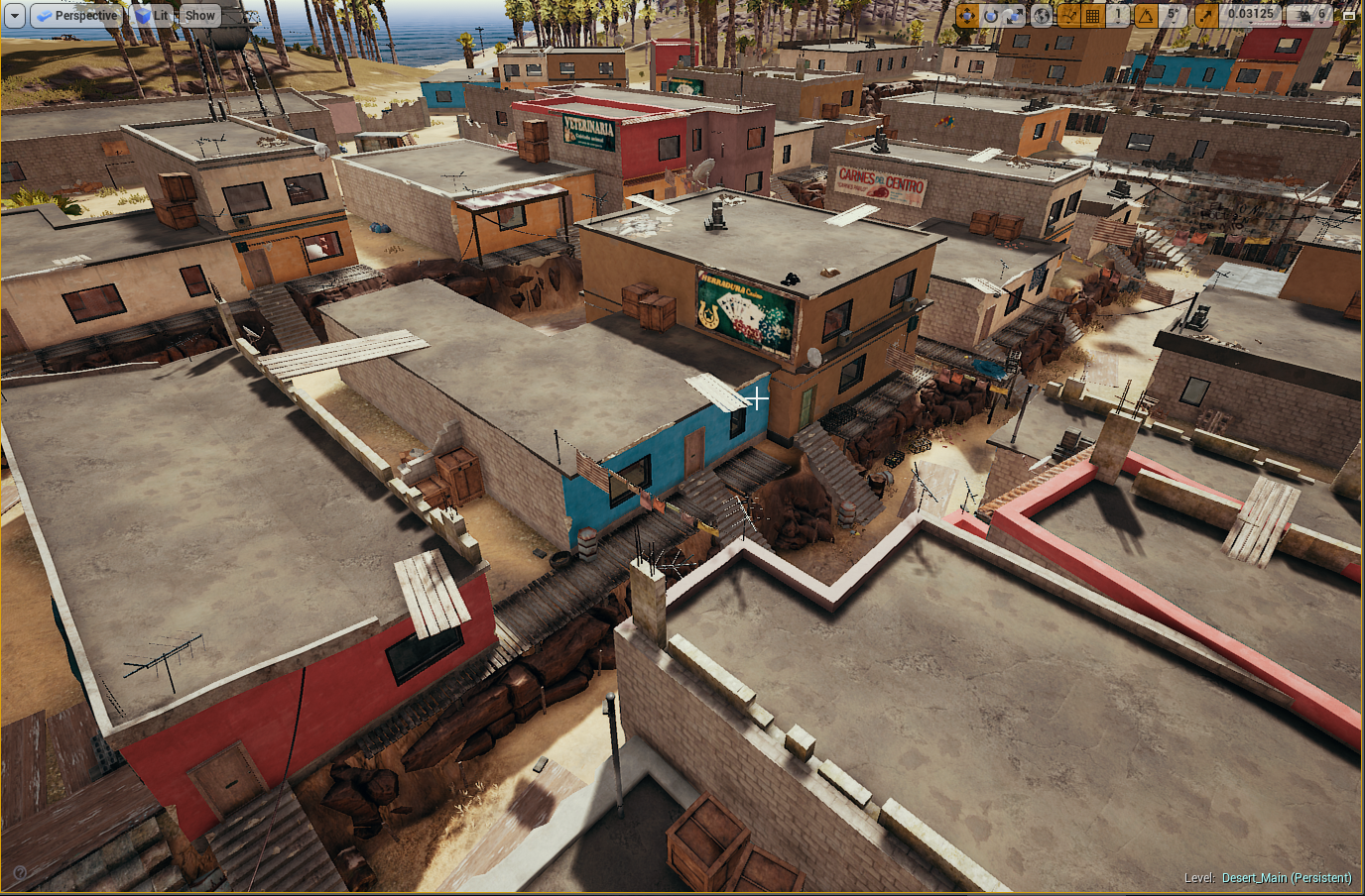 A colorful virtual map with multiple flat-roofed buildings, outdoor stairs, and pathways, set against a beach and palm trees in the background.